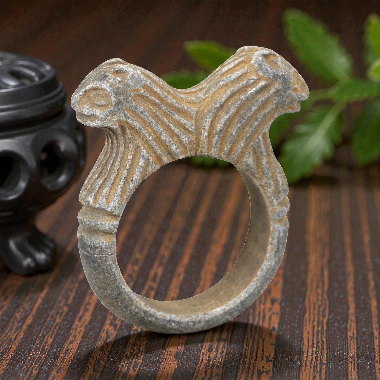 Ancient Steatite Double-Headed Animal Ring - Near Eastern Protective Amulet, 87AM: Carved from gray steatite with warm patination, this ancient Near Eastern ring features a double-headed animal motif (likely rams or ibexes) with incised linear striations defining the fur and facial 