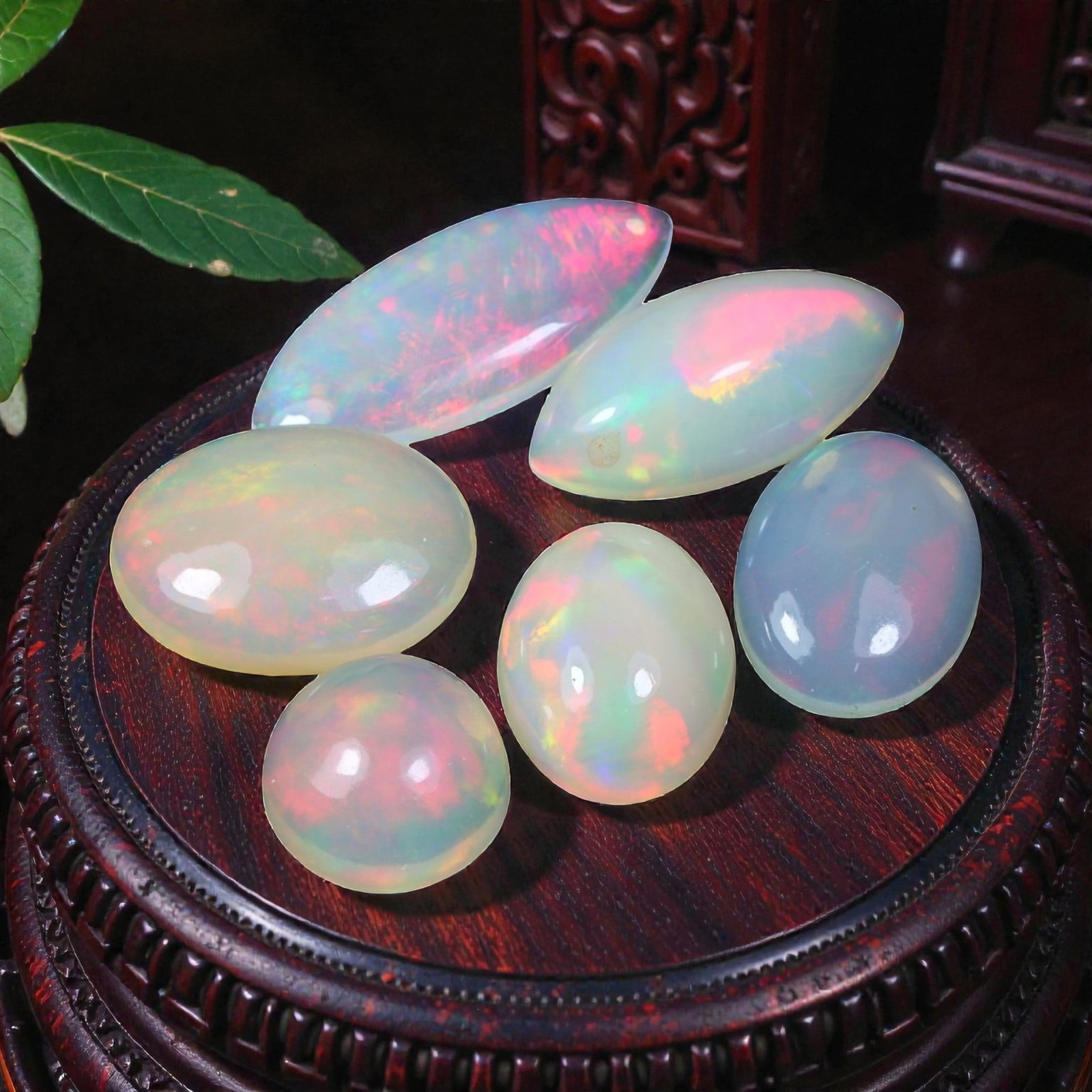 9.33 Carats Multicolor Welo Opal Mixed Cabochon Parcel - Natural Ethiopian Stones, 56XC: This luminous parcel of Ethiopian Welo opals features a captivating mix of marquise and oval cabochon shapes, showcasing a breathtaking spectrum of shifting iridescence. Vivid pinks, electric greens, 