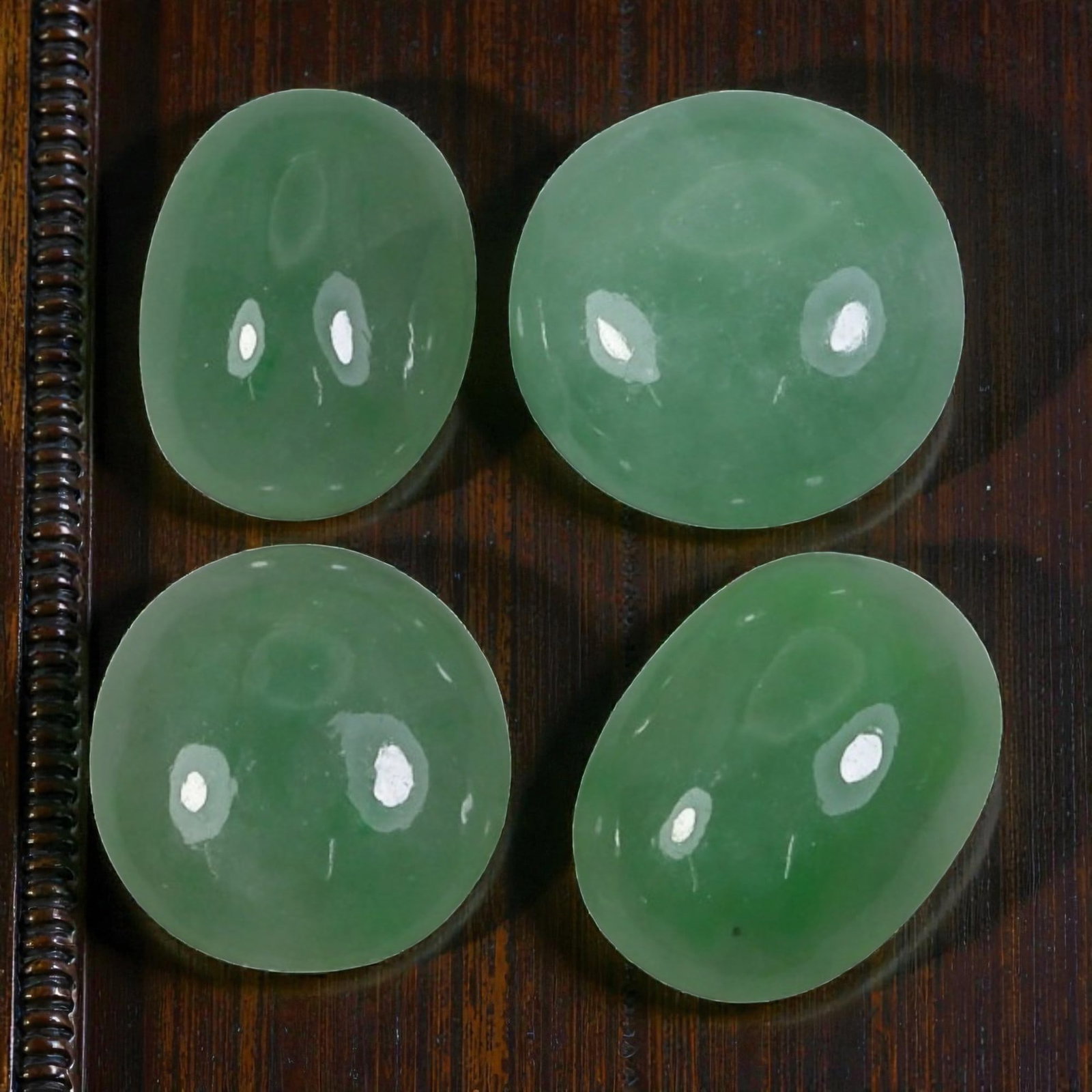 19.31 Carats Natural Type A Burmese Jadeite Cabochon Lot, 92AJ: I've got a lovely little parcel here to show you, four smooth, rich green jadeite cabochons, all natural and ready to shine! Look at that deep, soft forest green hue on every stone, just like a quiet,