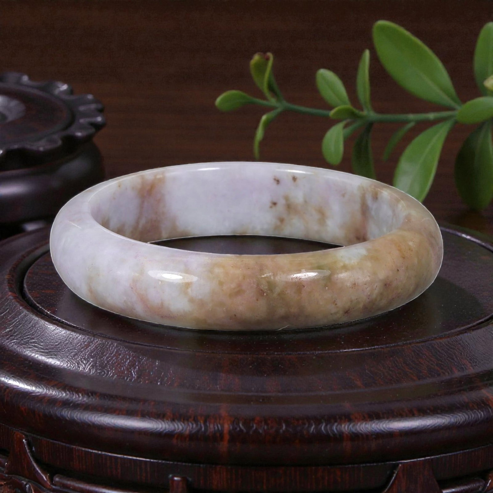 Natural Burmese Type A Lavender & Brown Jadeite Bangle - Earthy Tone Bracelet, 9EA: This is a wide, solid bangle crafted from natural Burmese Type A jadeite, displaying a soft lavender base with warm, earthy brown patterning and subtle natural variations throughout the polished stone