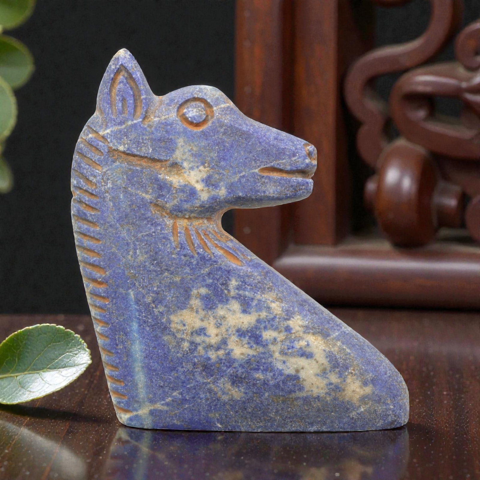 Near Eastern Lapis Lazuli Plaque - Tribal Art Zoomorphic Canid Head Relief, 33ZA: Carved from solid lapis lazuli, this Near Eastern tribal art plaque features a stylized zoomorphic canid head relief, executed with detailed tribal craftsmanship. The canid head is rendered with incis