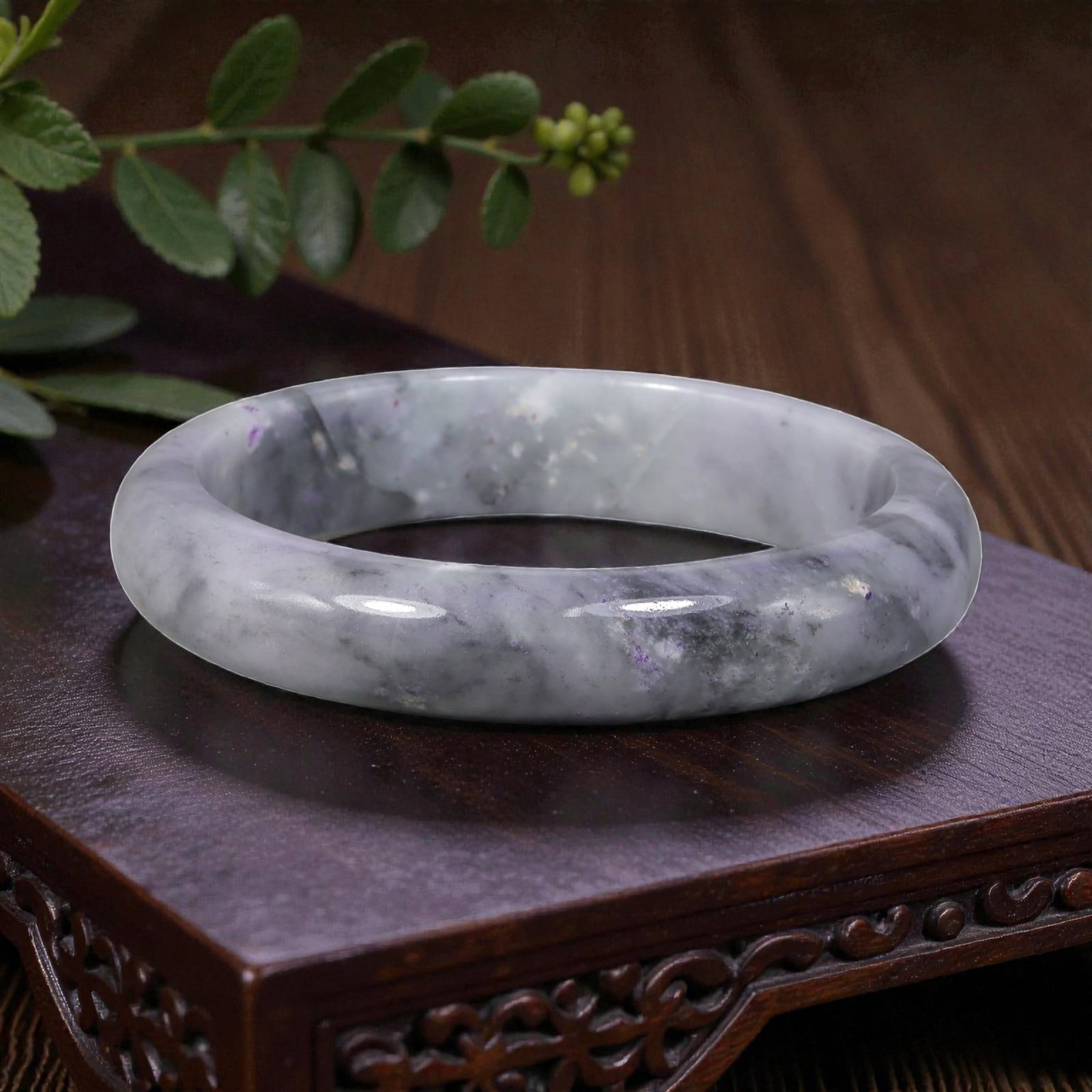 Natural Burmese Type A Lavender & Black Jadeite Bangle - Ink Wash Bracelet, 2EA: This is a wide, solid bangle crafted from natural Burmese Type A jadeite, displaying a soft lavender-tinged base with dramatic black ink-wash patterning and subtle purple flecks throughout the polishe