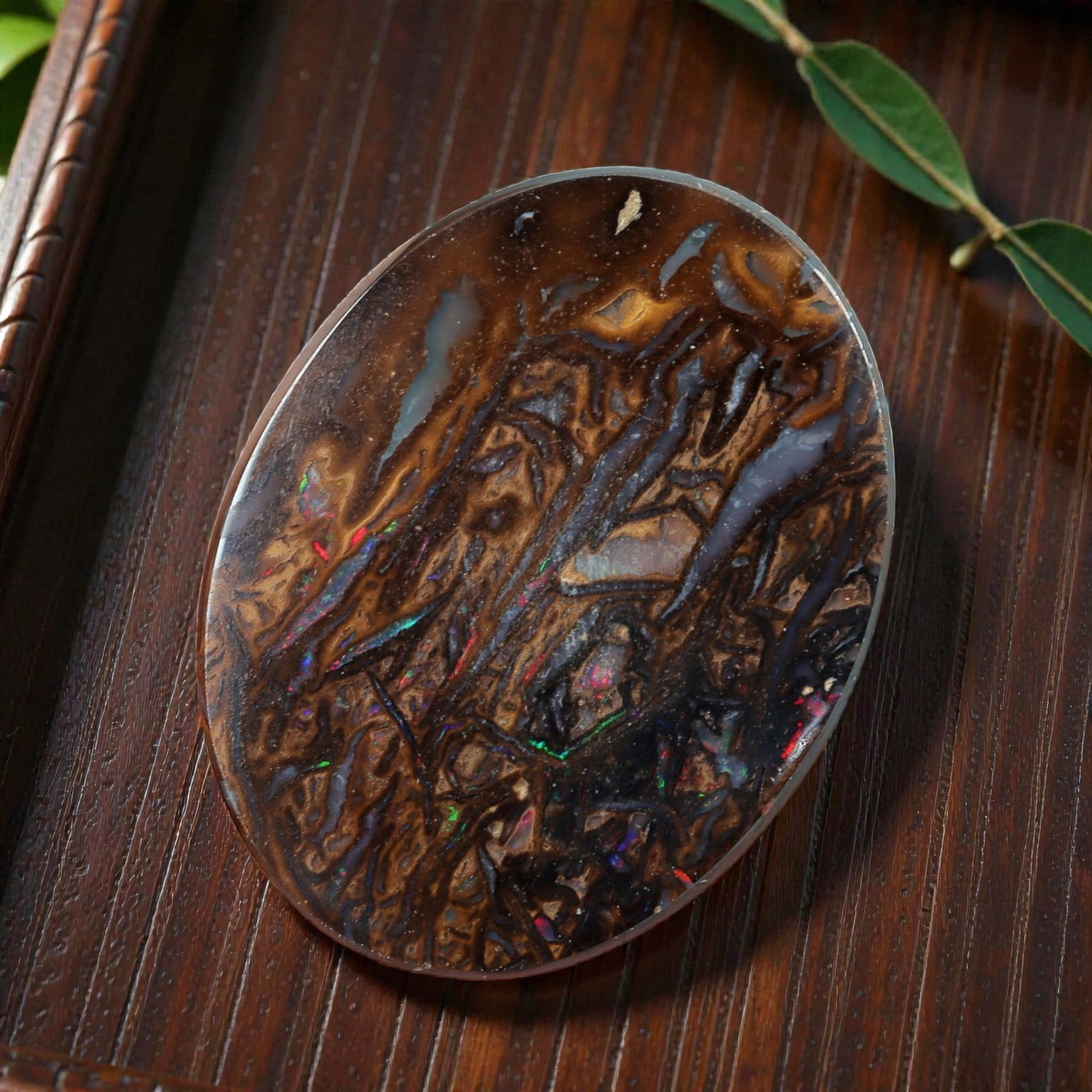 5.24 Carats Koroit Yowah Opal Cabochon - Natural Australian Single Stone, 73XL: This substantial Koroit Yowah opal cabochon, measuring 13.7x10.5mm, features a dense, textured ironstone matrix in layered tones of deep chocolate brown, warm tan, and jet black. The stone's internal 