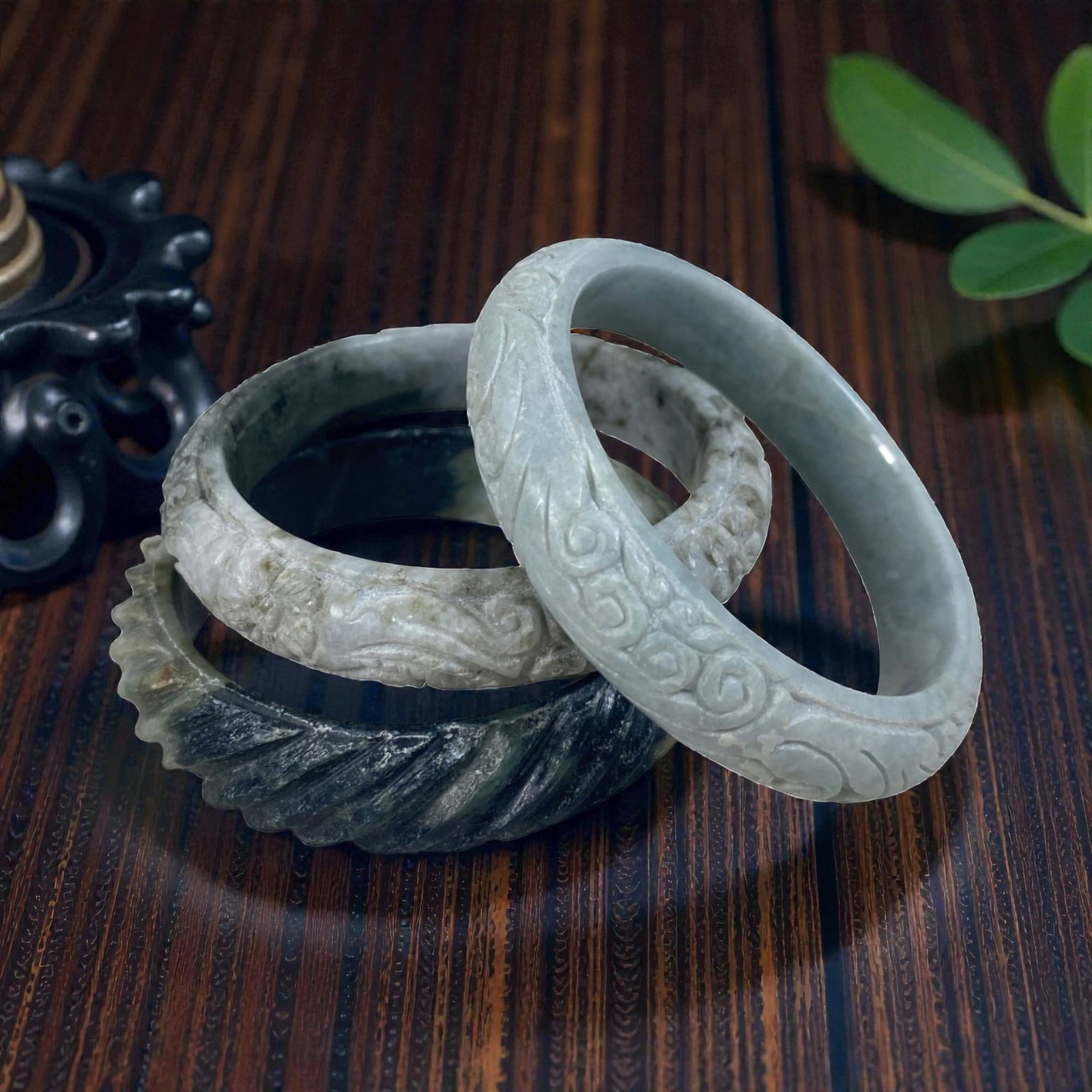 Lot of 3 Chinese Carved Jadeite Jade Bracelets (Bangles), 86AC (1 of 1)