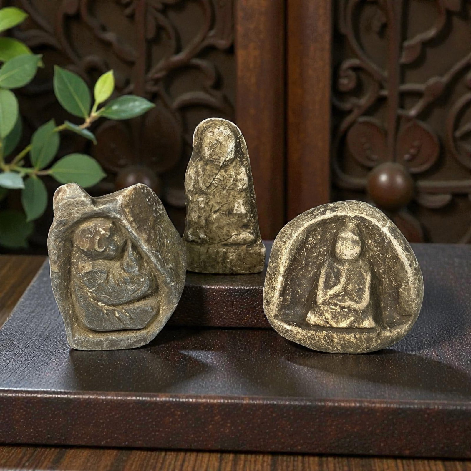 Lot of 3 Antique Japanese Edo Period Stone Buddhist Figurines, 83AG: A set of three hand-carved stone Buddhist amulets attributed to the Edo period (1603-1868), Japan. Crafted from weathered stone with earthy patination and traces of white pigment, these pieces show si