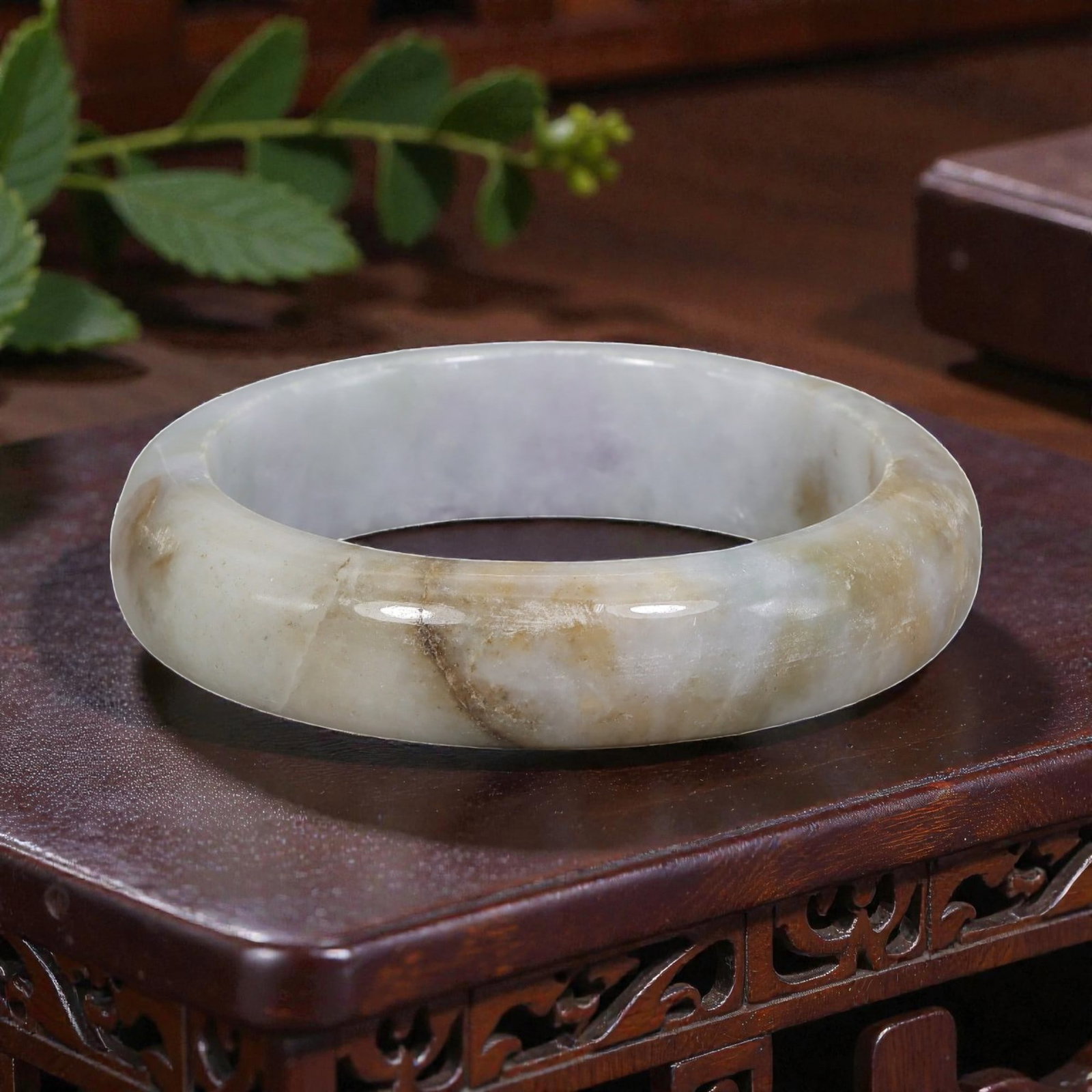 Natural Burmese Type A Lavender & Brown Jadeite Bangle - Earthy Gradient Bracelet, 29EA: This is a wide, solid bangle crafted from natural Burmese Type A jadeite, displaying a soft lavender-tinged white base with warm earthy brown gradient patterning throughout the polished stone. The sur