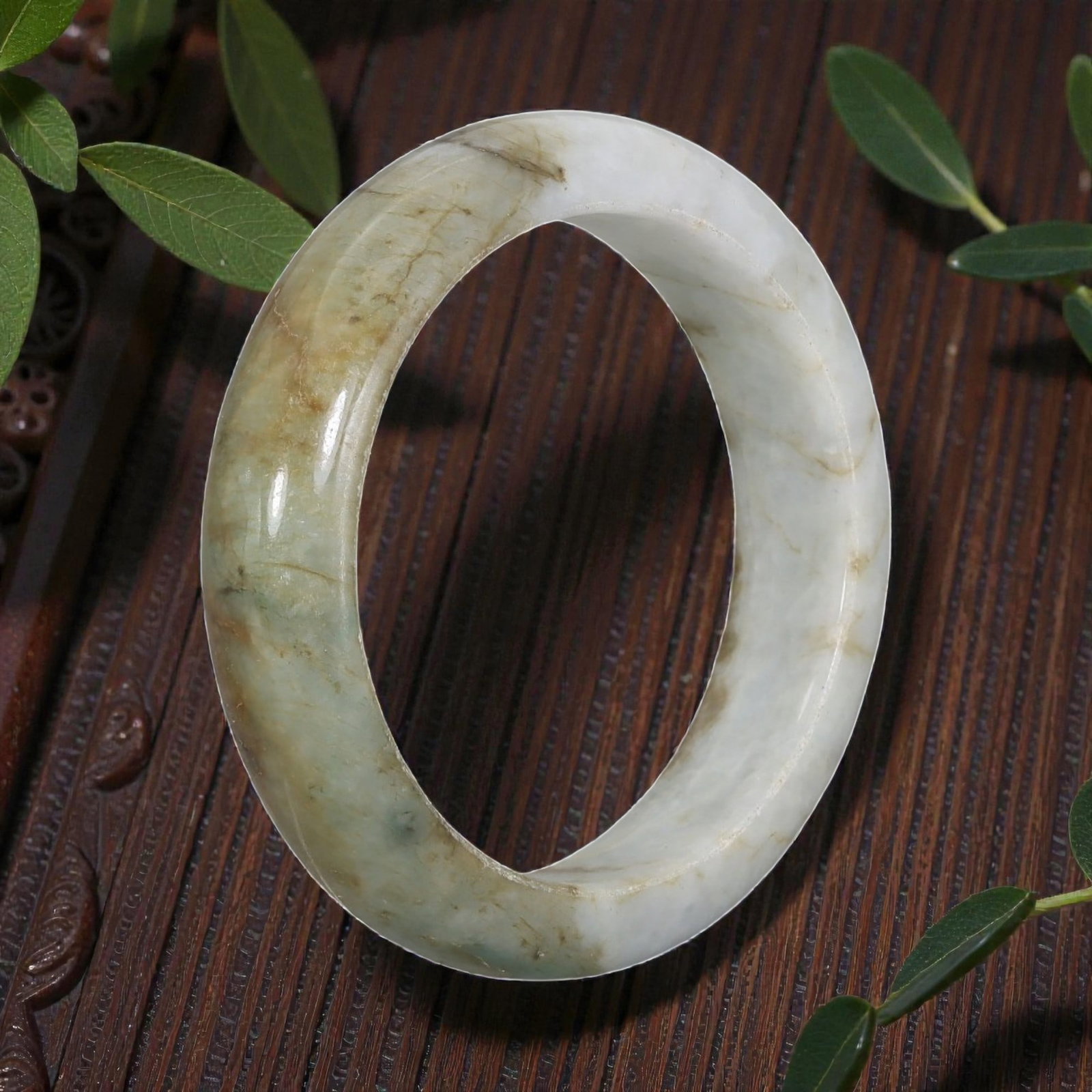 Natural Burmese Type A White & Brown Jadeite Bangle - Earthy Gradient Bracelet, 33EA: This is a solid bangle crafted from natural Burmese Type A jadeite, displaying a creamy white base with warm earthy brown and subtle green gradient patterning. The surface exhibits a smooth, glossy fi