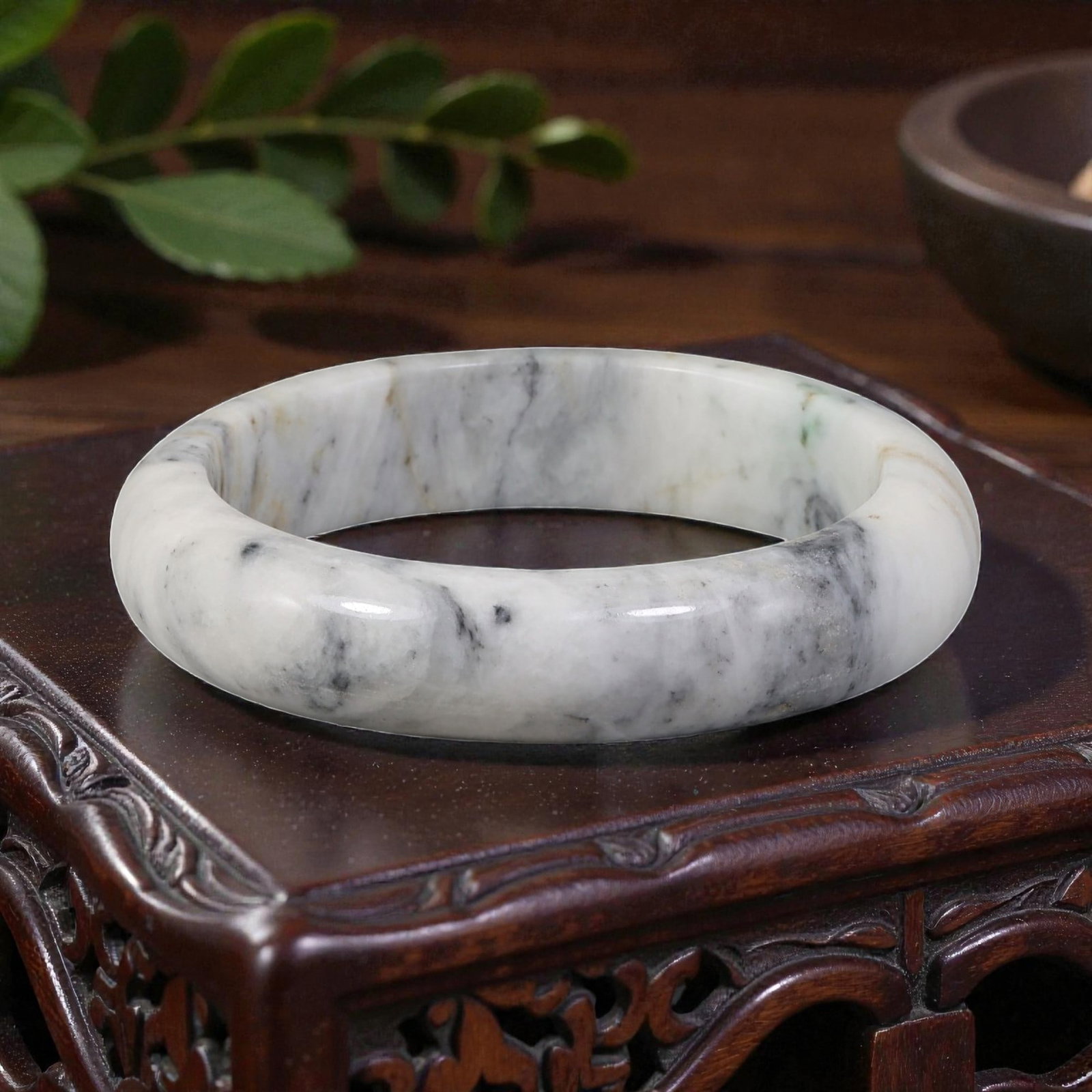Natural Burmese Type A Black & White Jadeite Bangle - Chinese Ink Art Bracelet, 19EA: This is a wide, solid bangle crafted from natural Burmese Type A jadeite, displaying a creamy white base with dramatic black and grey ink-art patterning, accented by subtle brown and green flecks thro
