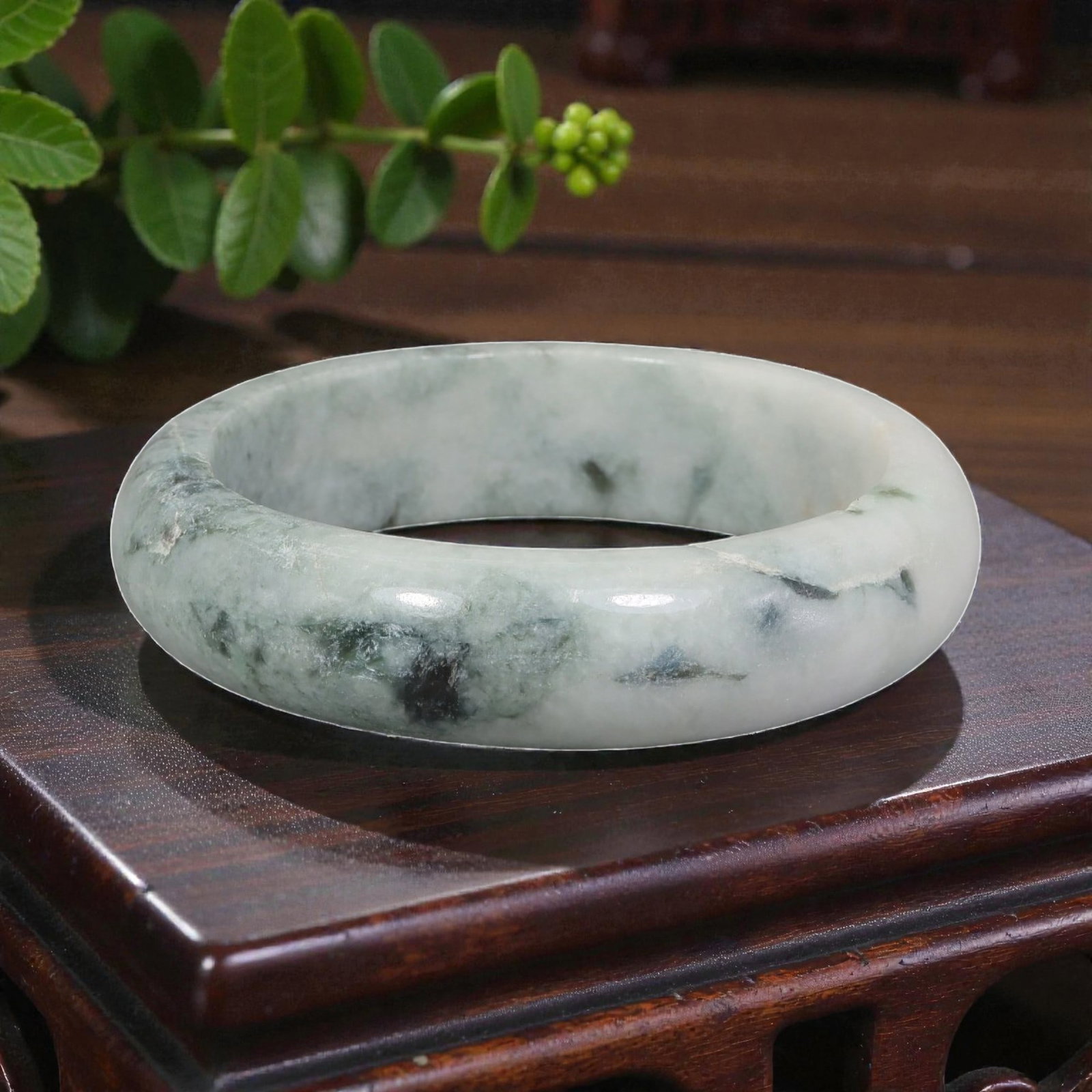 Natural Burmese Type A White & Green Jadeite Bangle - Ink Wash Landscape Bracelet, 31EA: This is a wide, solid bangle crafted from natural Burmese Type A jadeite, displaying a creamy white base with soft, misty green and dark ink-wash patterning that evokes a tranquil landscape painting. 