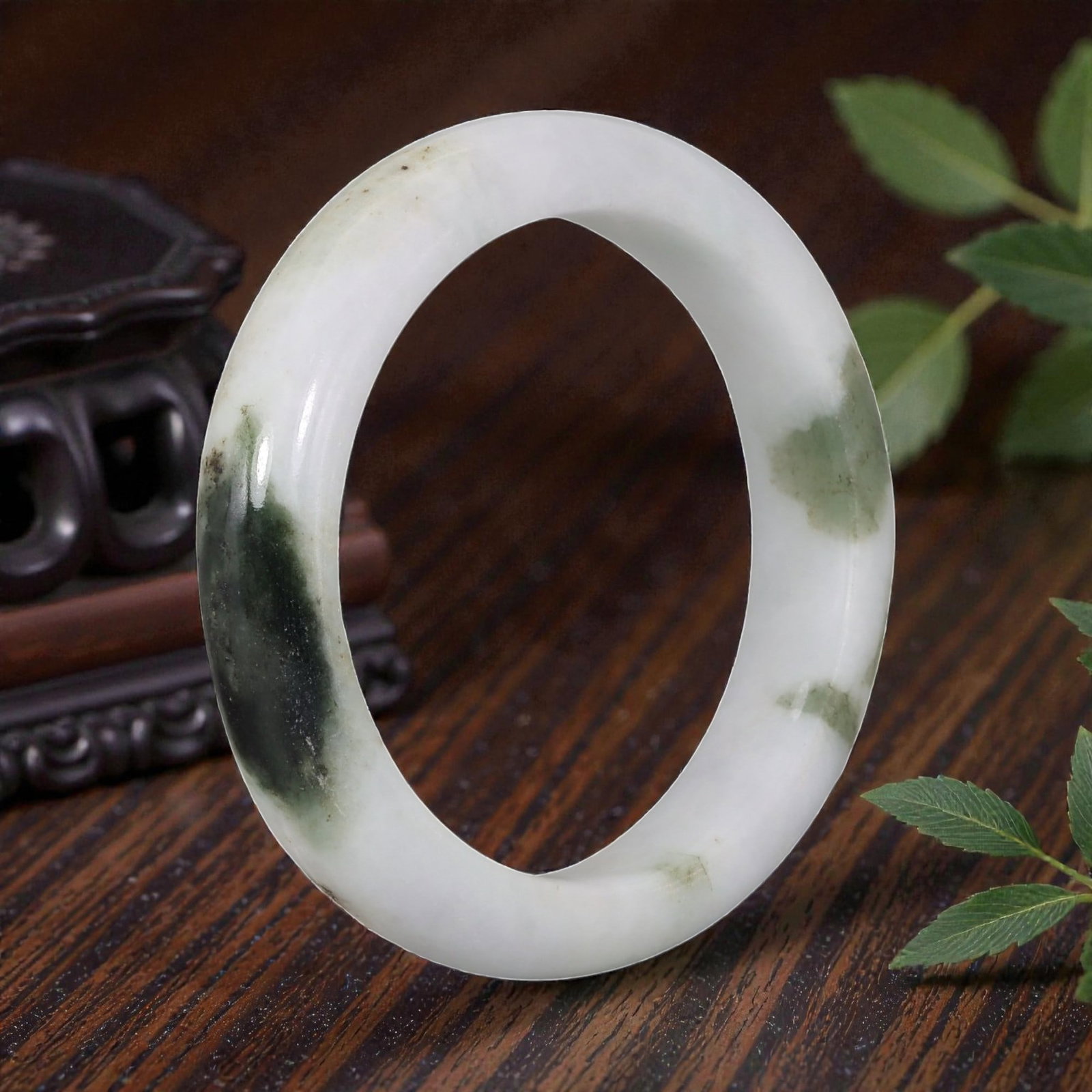 Natural Burmese Type A White & Green Jadeite Bangle - Ink Splash Bracelet, 25EA: This is a solid bangle crafted from natural Burmese Type A jadeite, displaying a creamy white base with striking, organic ink-splash green patterning that evokes traditional Chinese landscape art. The