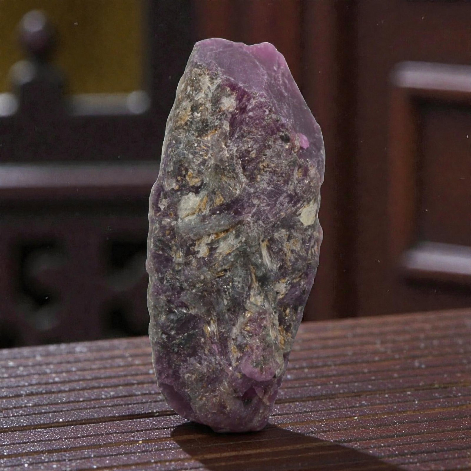 25.19ct Natural Mauritania Ruby Rough (Unheated), 86XA: This unheated Mauritania ruby rough is a striking natural crystal specimen, featuring a rich, saturated magenta hue with subtle purple undertones that deepen toward the core. The rough's rugged, natur