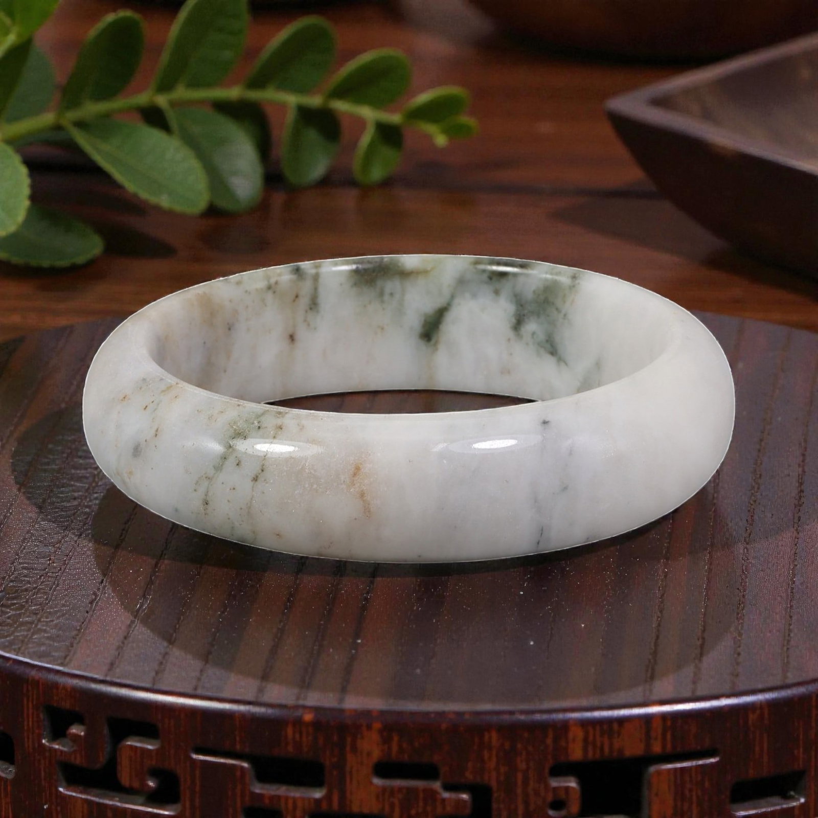 Natural Burmese Type A White & Green Jadeite Bangle - Landscape Ink Wash Bracelet, 24EA: This is a wide, solid bangle crafted from natural Burmese Type A jadeite, displaying a creamy white base with organic landscape-style green and earthy brown ink-wash patterning throughout the polished