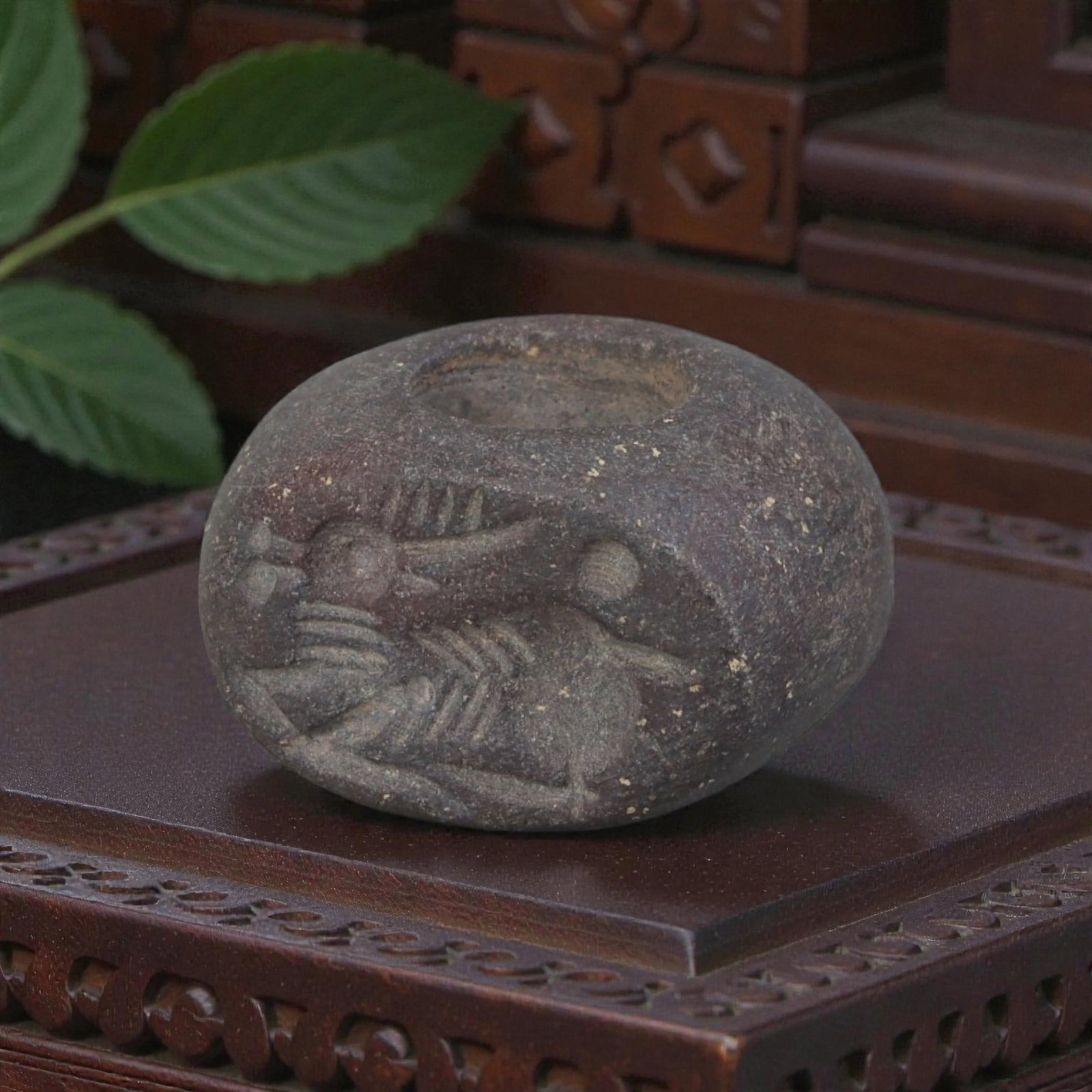 Ancient Sasanian Jasper Zoomorphic Bird Stamp Seal, 21AP: Crafted from dark, weathered jasper with natural granular texture and earthy patina, this ancient Sasanian stamp seal features a deeply incised stylized bird motif, a common zoomorphic theme in Sasani