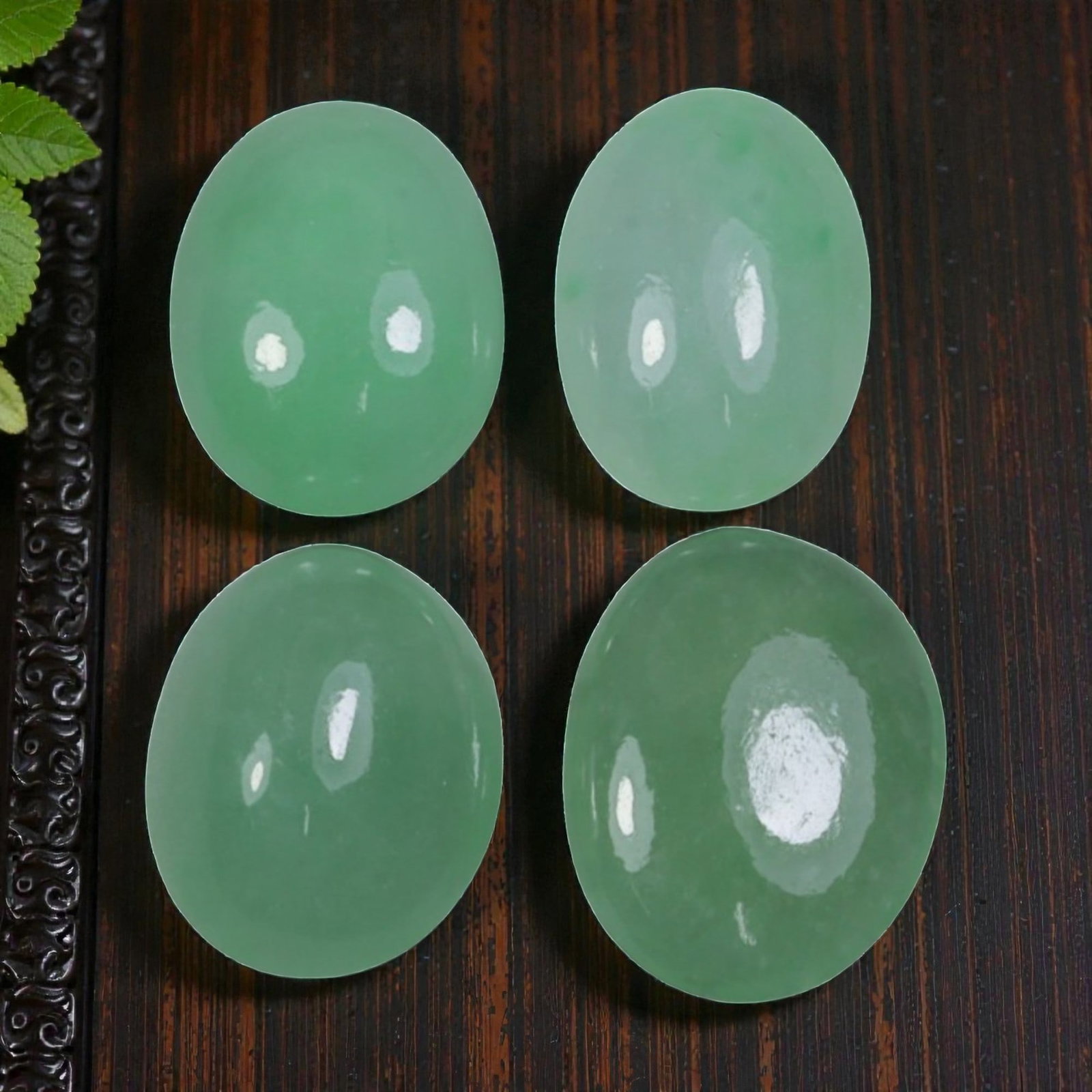9.39ct 4 Pcs Natural Burmese Type A Jadeite Jade Cabochon Gemstones, 23AN: This set includes 4 natural Type A Burmese jadeite jade cabochons, with a total carat weight of 9.39ct. The largest cabochon measures 10.86x8.5x2.7mm. Each stone features a smooth, polished cabochon c