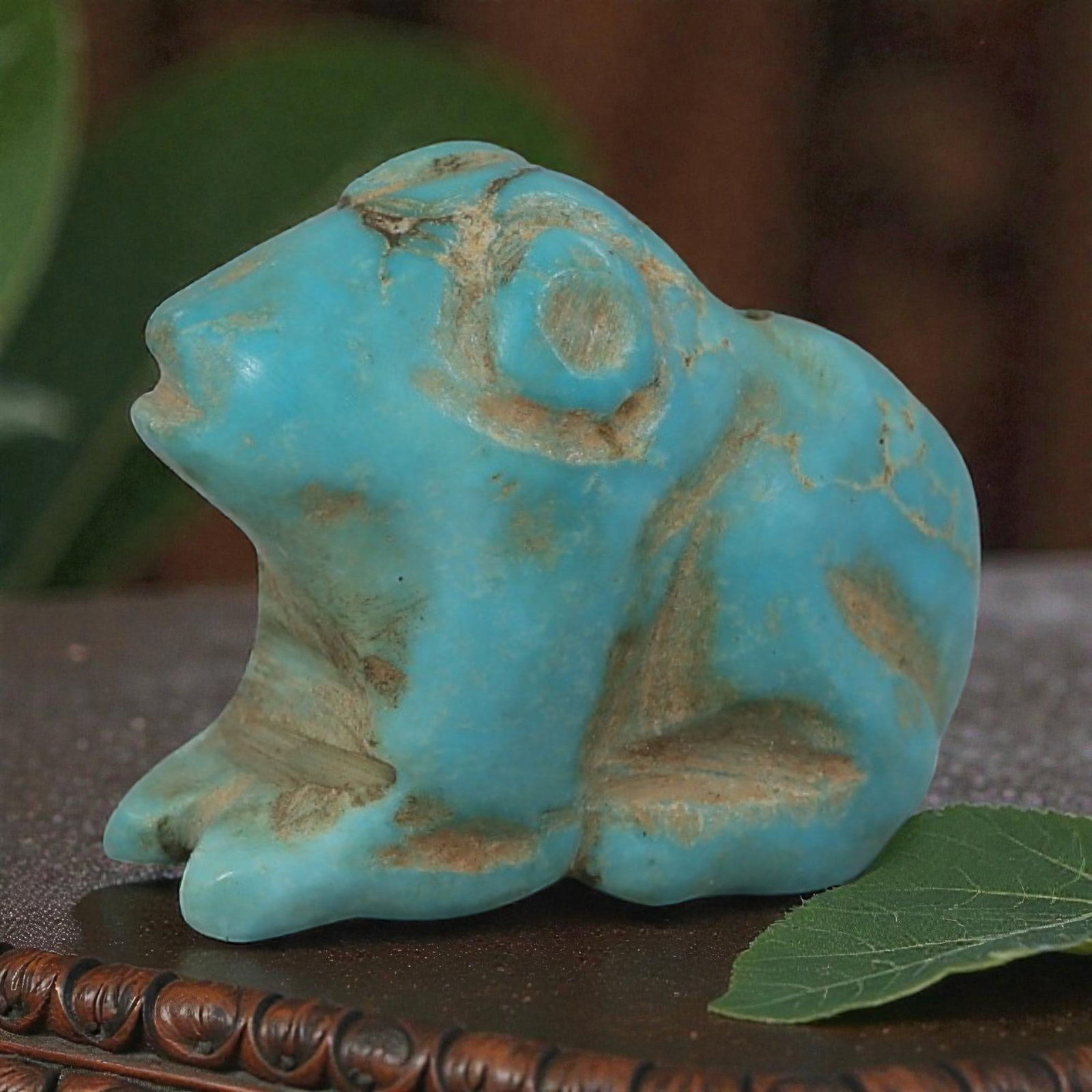 Antique Coptic Egyptian Style Turquoise Stone Zoomorphic Amulet, 7AP: Carved from turquoise stone with bright blue coloration and natural veining, the amulet depicts a stylized quadruped animal form, likely a frog or small mammal, in a crouched pose. The figure features