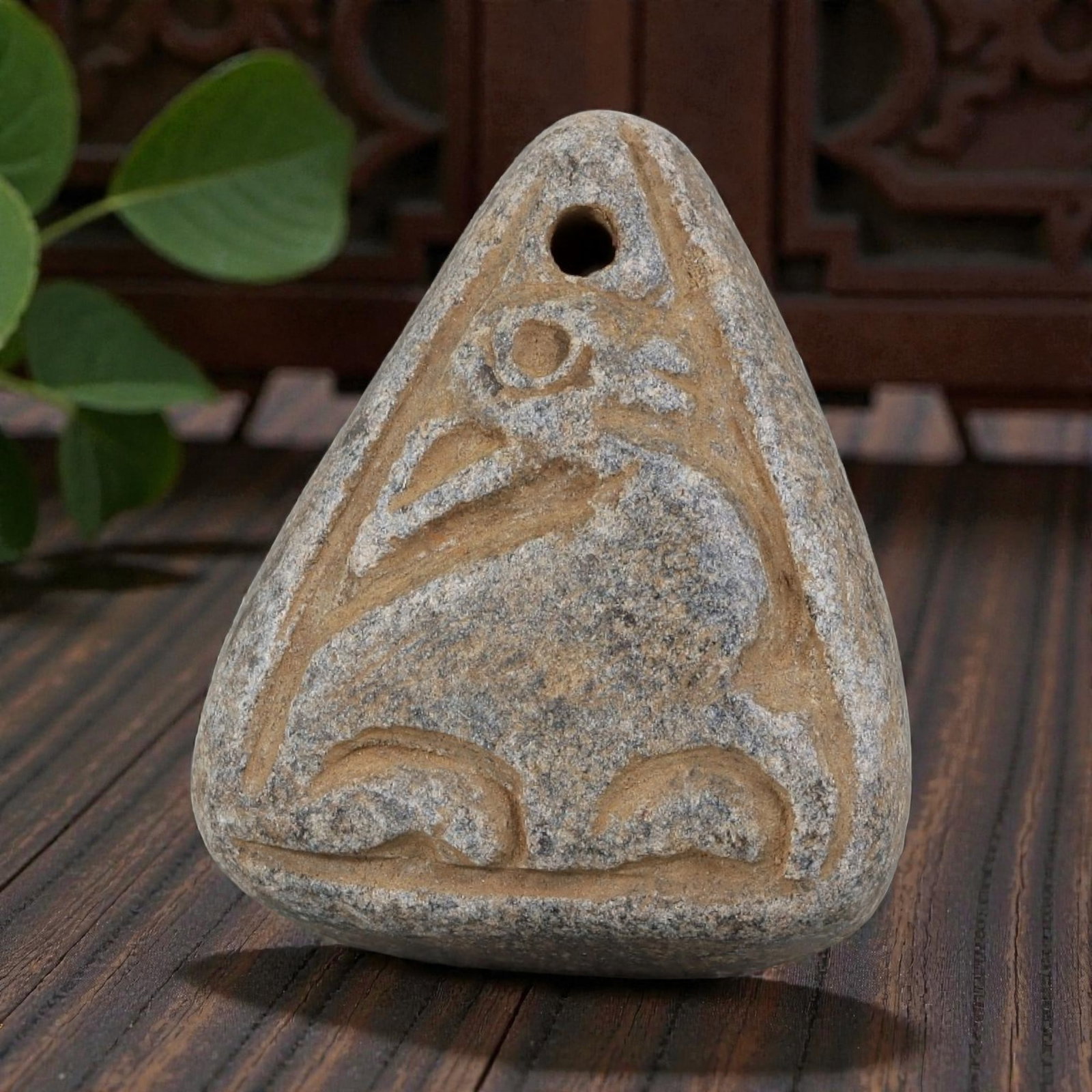 Antique Silk Road Schist Zoomorphic Bird Amulet Pendant, 85AN: Crafted from weathered grey schist with natural granular texture, this triangular amulet features a deeply incised zoomorphic bird motif. characteristic of antique Silk Road craftsmanship. The design 