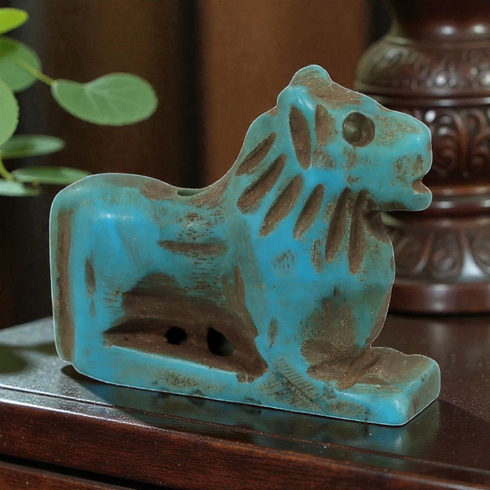 Antique Coptic Egyptian Style Turquoise Stone Zoomorphic Amulet, 6AP: Carved from turquoise stone with bright blue coloration, the amulet depicts a stylized quadruped animal, likely a lion, in a recumbent pose on a rectangular base. The figure features incised details d