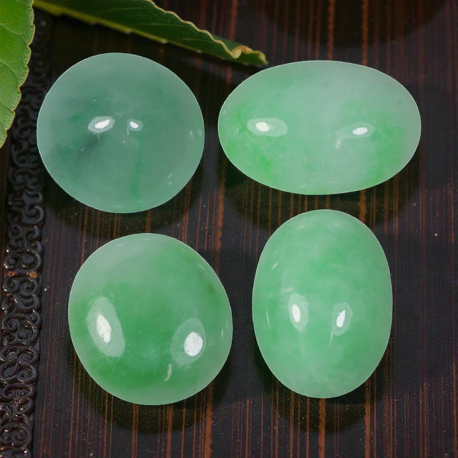 18.74ct 4 Pcs Natural Burmese Type A Jadeite Jade Cabochon Gemstones, 30AN: This set includes 4 natural Type A Burmese jadeite jade cabochons, with a total carat weight of 18.74ct. The largest cabochon measures 13.26x9.5x4.28mm. Each stone features a smooth, polished cabochon