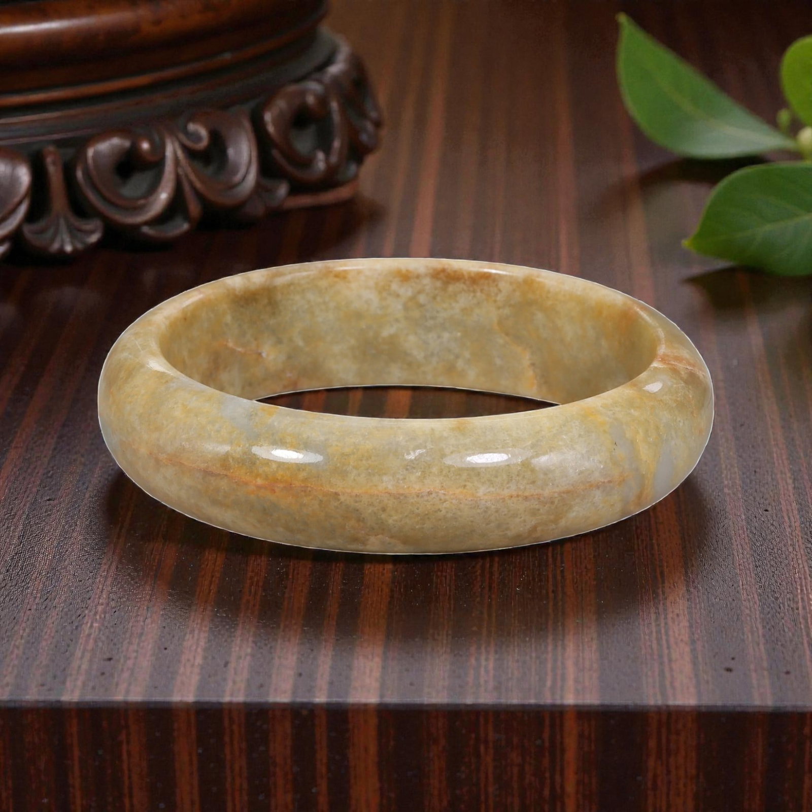 Natural Burmese Type A Warm Honey Yellow Jadeite Bangle - Earthy Golden Streak Bracelet, 53EA: This is a natural Type A Burmese jadeite bangle with an inner diameter of 56.97mm and a weight of 69g. It features a soft honey-yellow base naturally interwoven with warm golden and earthy streaks, cr