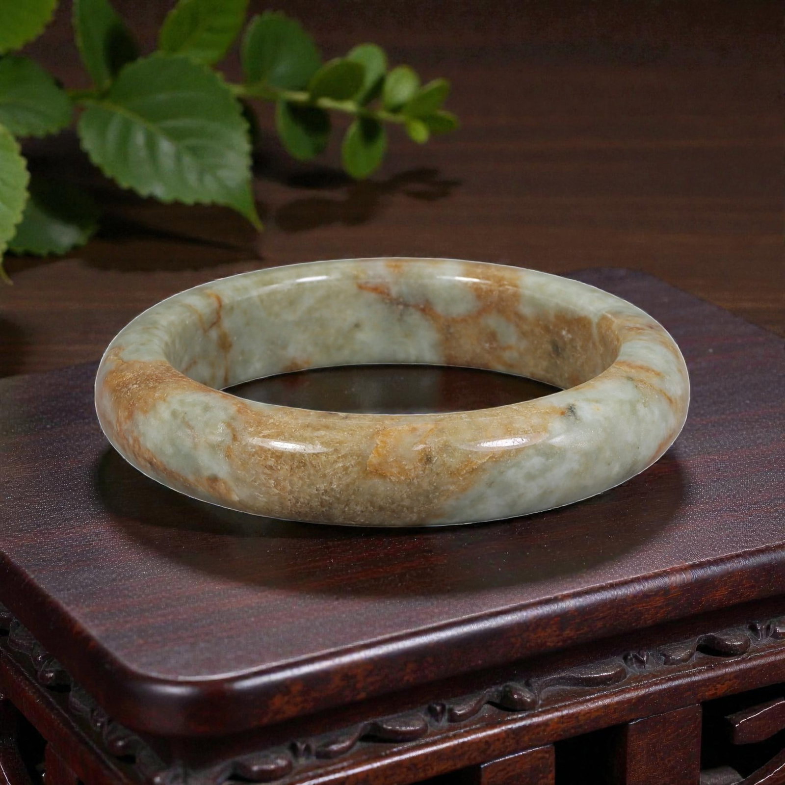 Natural Burmese Type A Light Celadon Jadeite Bangle - Warm Rustic Earth Tone Bracelet, 54EA: This is a natural Type A Burmese jadeite bangle with an inner diameter of 54.28mm and a weight of 67g. It features a soft, pale celadon base naturally streaked with warm, rusty brown inclusions, formi