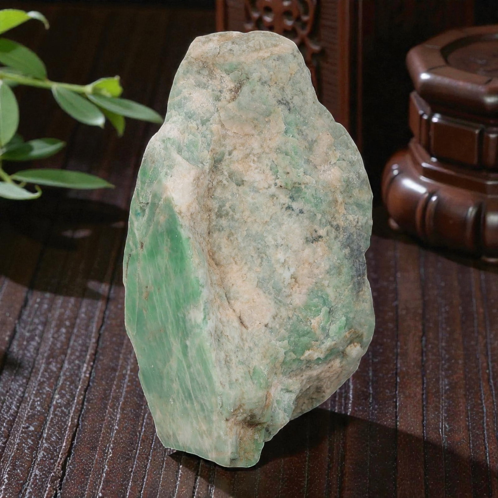 765ct Natural Burmese Light Green Jadeite Rough - Partially Polished Raw Stone, 68EA: This is a natural Type A Burmese jadeite rough stone, measuring 8x3.8cm and weighing 153g (765ct). It features a mix of soft light green and earthy beige tones, with a prominent polished green section