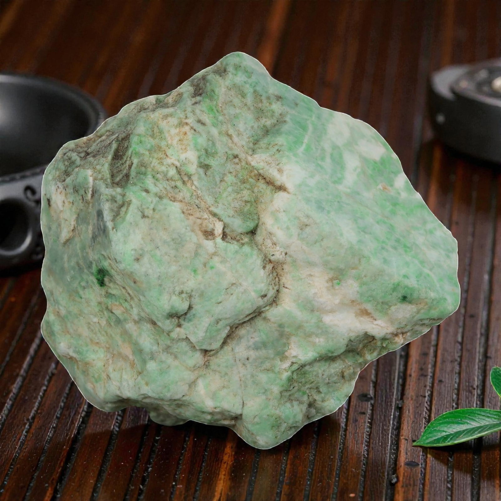 695ct Natural Burmese Moss in Snow Jadeite Rough - Light Green & White Stone, 61EA: This is a natural Type A Burmese jadeite rough stone, measuring 6.5x5.7cm and weighing 139g (695ct). It showcases the classic "Moss in Snow" pattern, with soft light green and vivid green inclusions n