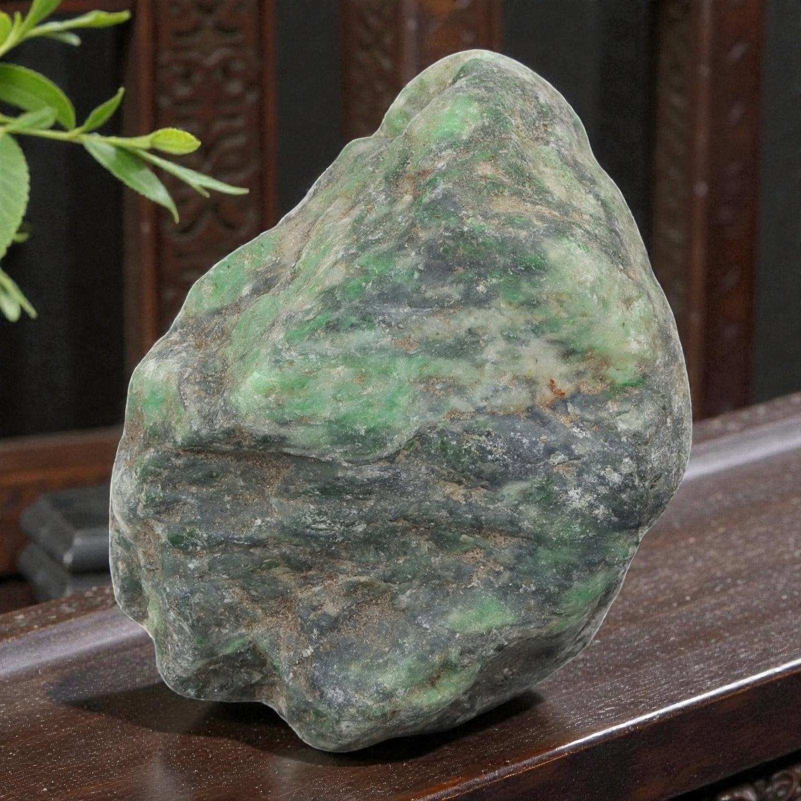 515Ct Natural Type A Burmese Jadeite Jade Rough Stone - Green Raw Material, 11ZB: Natural Type A Burmese jadeite rough stone, displaying a mottled pattern of vibrant green, white, and dark mineral inclusions across its uncut surface. The stone retains its raw, natural form, with we