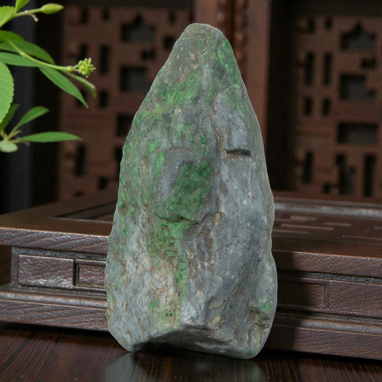 505Ct Natural Type A Burmese Jadeite Jade Rough Stone - Green Raw Material, 1ZB: Natural Type A Burmese jadeite rough stone, displaying distinct vibrant green mineral deposits across a muted grey base, with natural weathered skin and subtle patina across its uncut surface. The sto