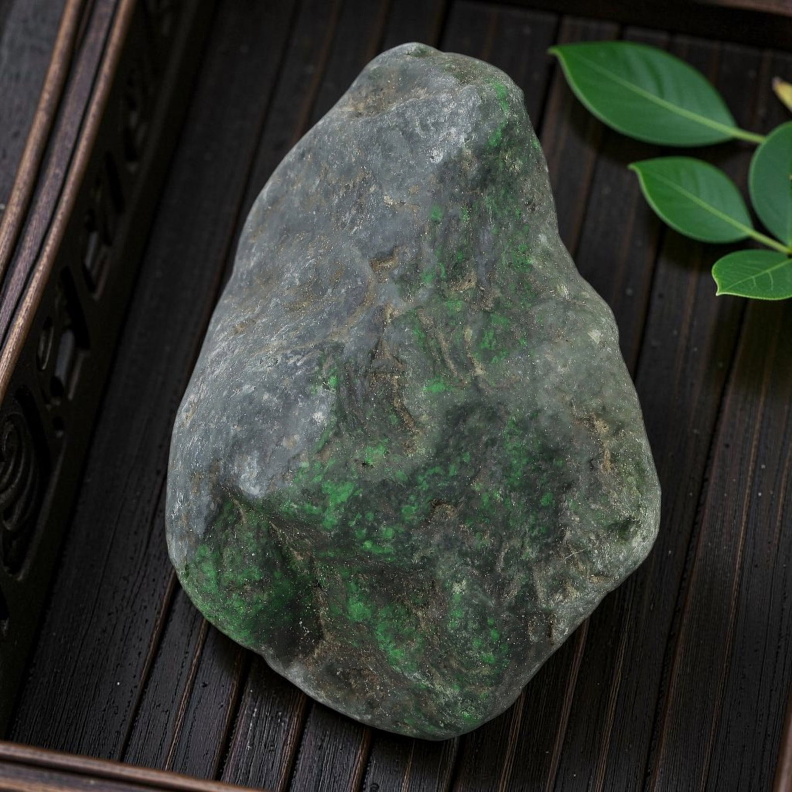 360Ct Natural Type A Burmese Jadeite Jade Rough Stone - Green Raw Material, 15ZB: Natural Type A Burmese jadeite rough stone, displaying scattered vivid green mineral inclusions across a translucent grey base, with natural weathered skin and subtle patina across its uncut surface. 
