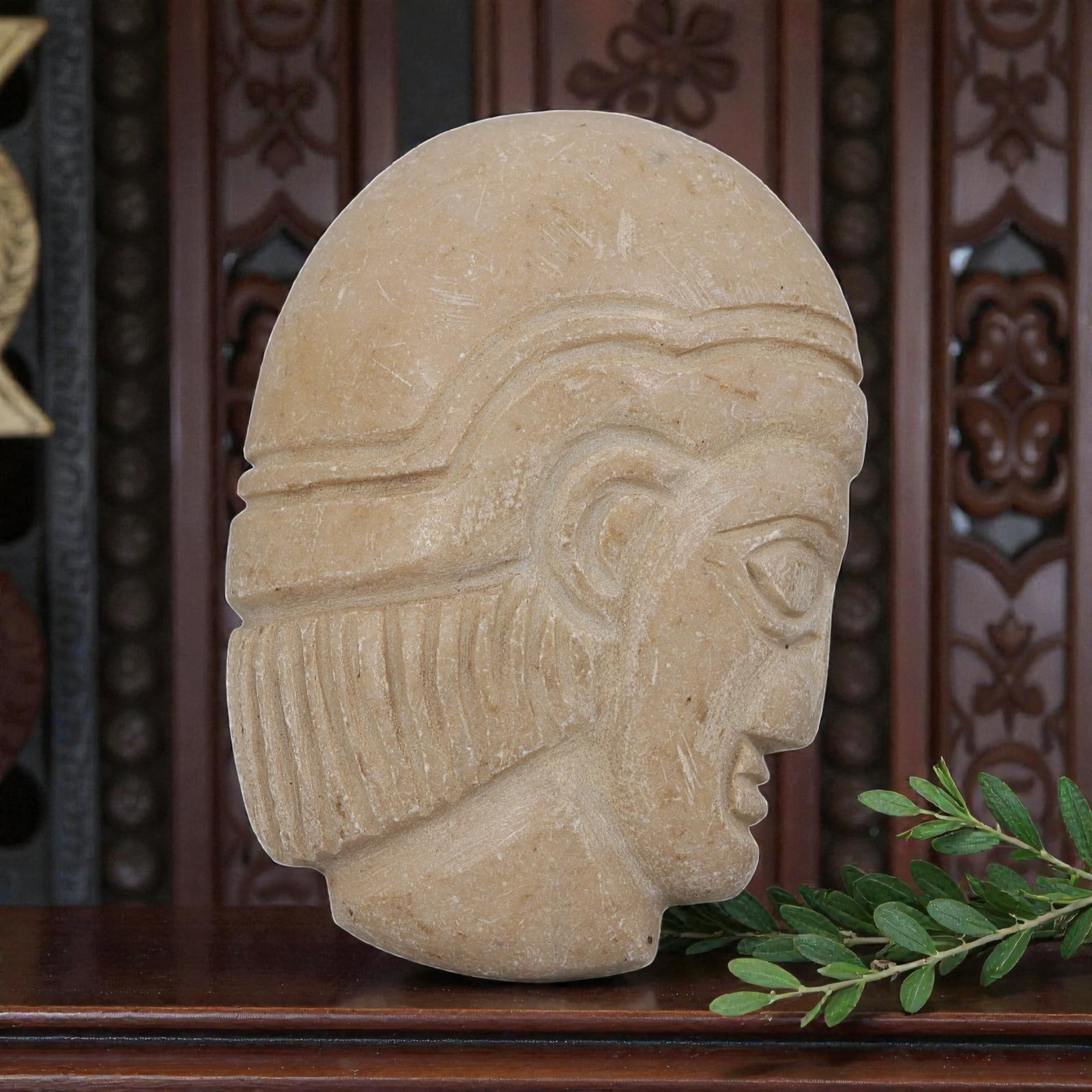 Antique Egyptian Steatite Intaglio with Profile Head Motif, 95YD: Carved from light beige steatite, this piece depicts a stylized human head in profile with incised linear patterns representing the headdress and hairstyle, alongside defined facial features including