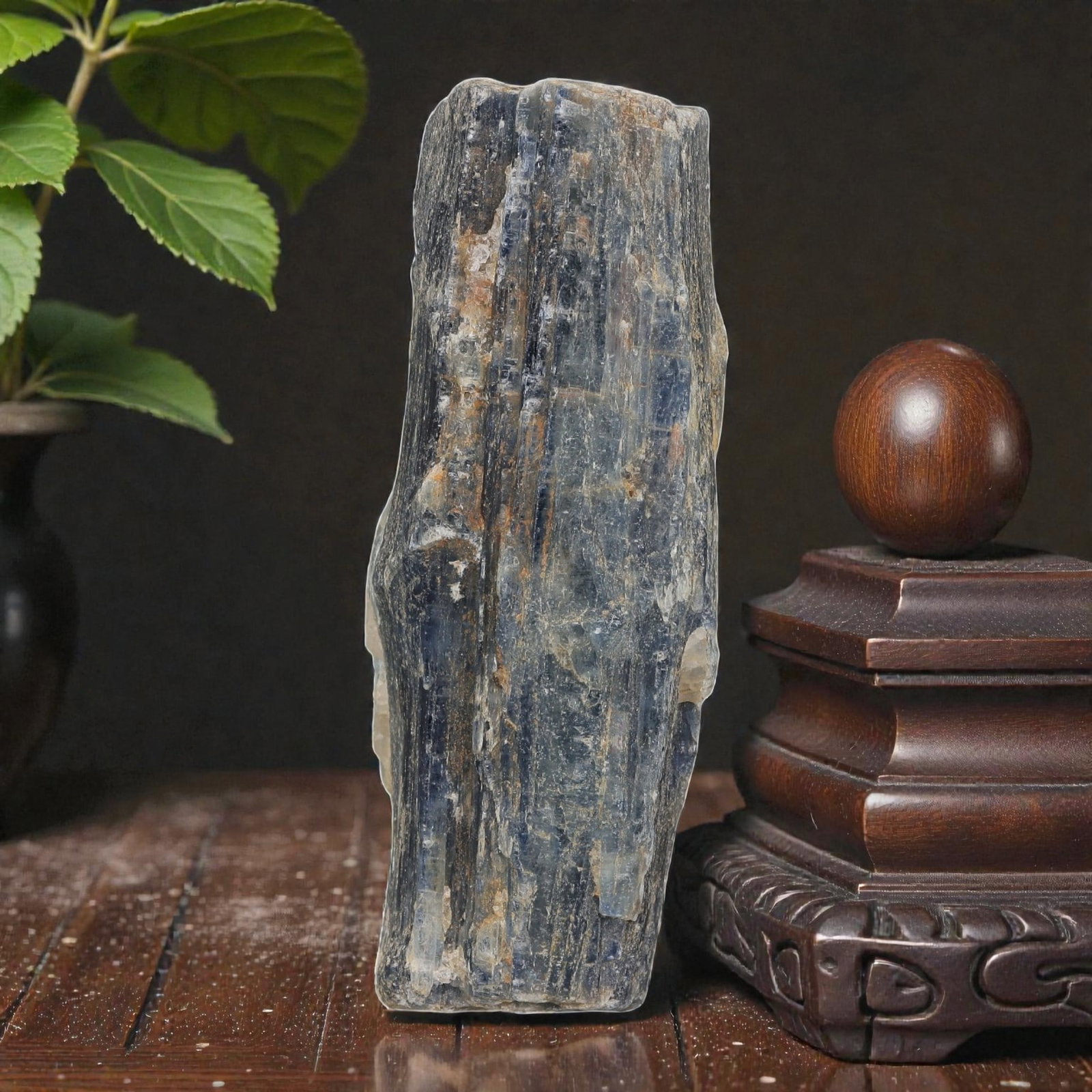 435 carats Natural Blue Kyanite Rough Crystal, 49ZB: This is a natural, unpolished kyanite crystal specimen, exhibiting the mineral's characteristic vertical striations and prismatic form. The crystal displays deep blue tones interspersed with transluce