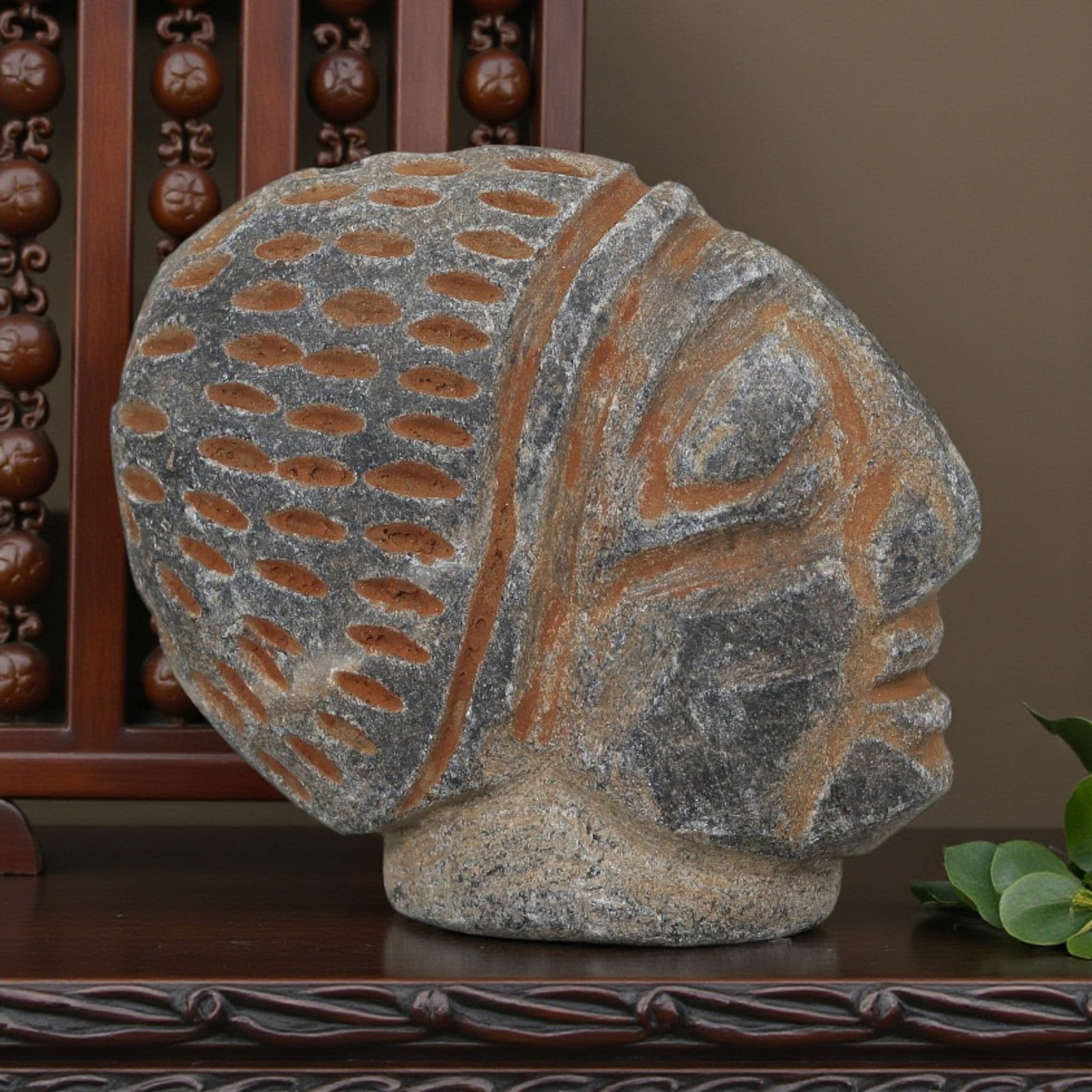 Antique Egyptian Schist Intaglio with Profile Head Motif, 98YD: Carved from dark grey schist, this small profile head features incised dot patterns on the headdress and painted orange-red details accentuating the facial features and hairstyle lines. The iconograph