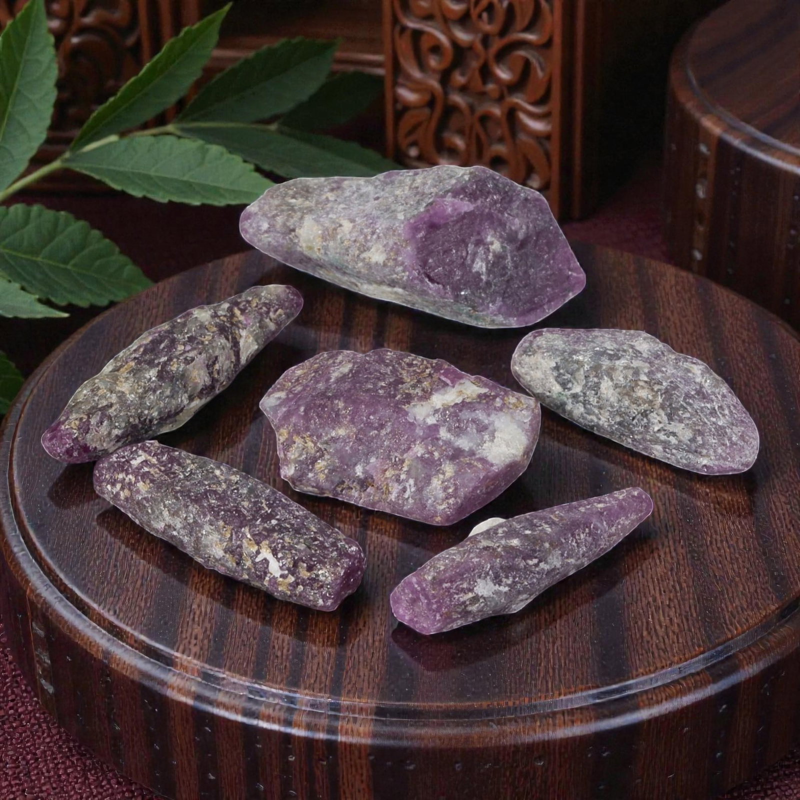 67ct Natural Mauritanian Ruby Rough - Unheated Raw Stone - Lot of 6, 100EA: This is a lot of 6 pieces of natural unheated Mauritanian ruby rough stones, each measuring approximately 2-2.2cm with a total carat weight of 67ct. These raw rubies feature rich purple-red tones with
