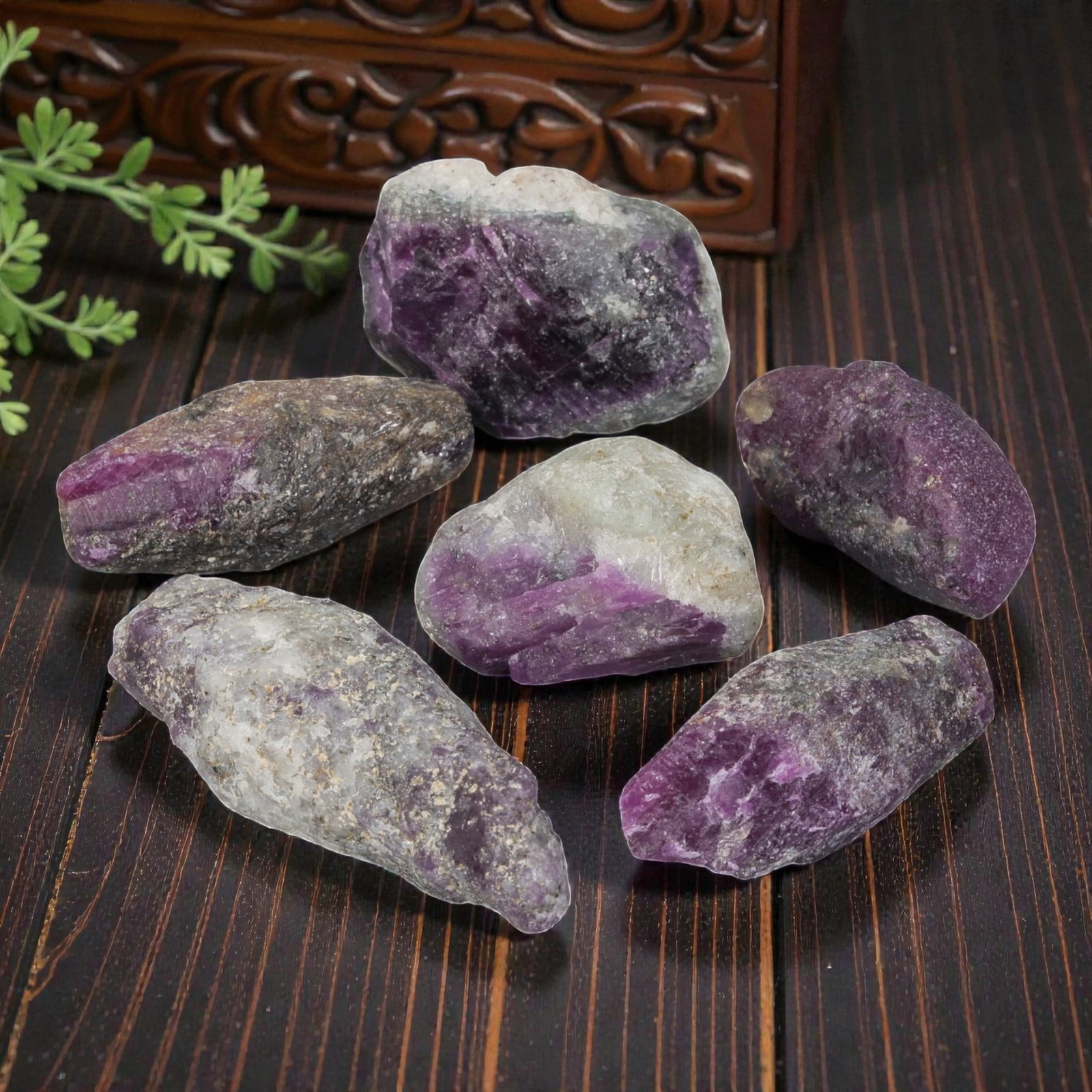 159ct Natural Mauritanian Ruby Rough - Unheated Raw Stone - Lot of 6, 3EB: This is a lot of 6 pieces of natural unheated Mauritanian ruby rough stones, each measuring approximately 2.3-3.5cm with a total carat weight of 159ct. These raw rubies feature rich purple-red tones w
