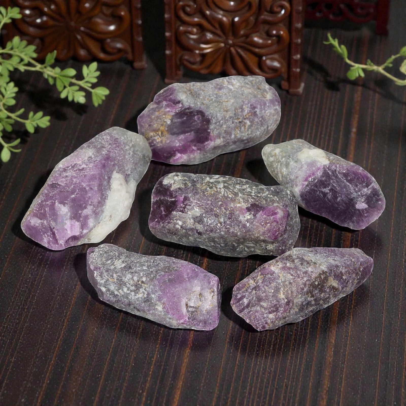 172ct Natural Mauritanian Ruby Rough - Unheated Raw Stone - Lot of 6, 1EB: This is a lot of 6 pieces of natural unheated Mauritanian ruby rough stones, each measuring approximately 2.3-2.8cm with a total carat weight of 172ct. These raw rubies feature rich purple-red tones w