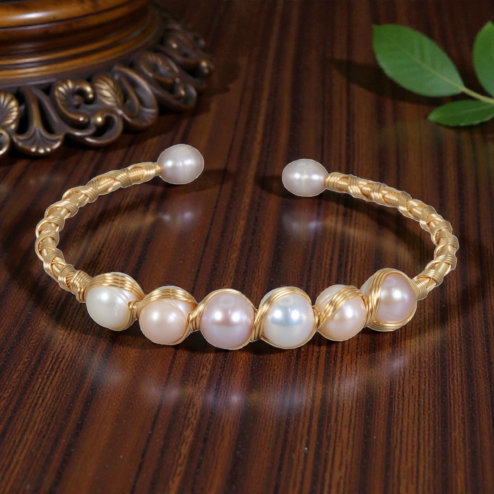 Natural Multi-Color Freshwater Pearl Gold Wire-Wrapped Open Cuff Bracelet, 13EB (1 of 2)