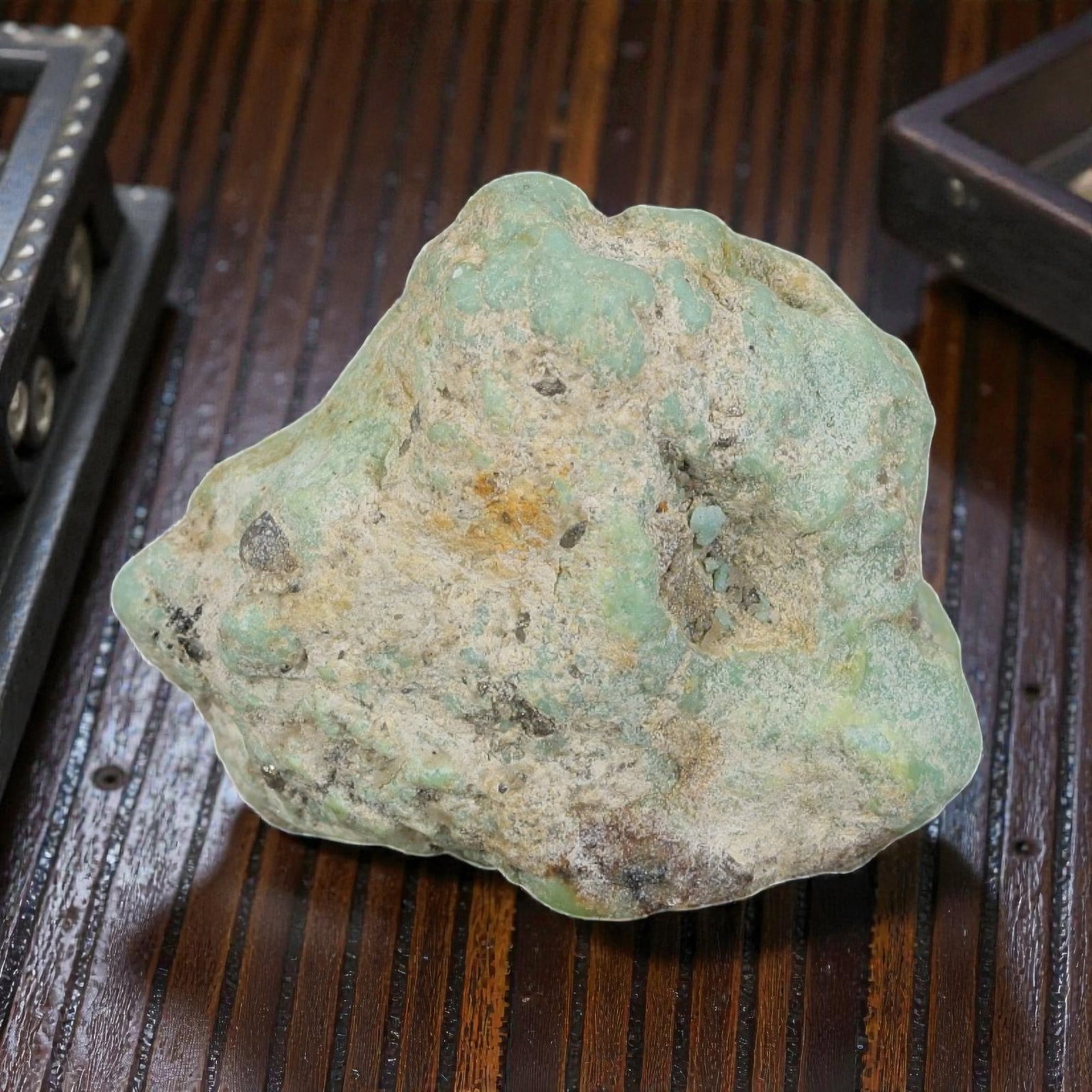 71ct Natural Kingman Turquoise Rough - Arizona USA, 48EB: This is a natural Kingman turquoise rough stone, measuring approximately 3x1.8cm with a total carat weight of 71ct. The stone features soft light greenish-blue turquoise matrix, partially encased in i