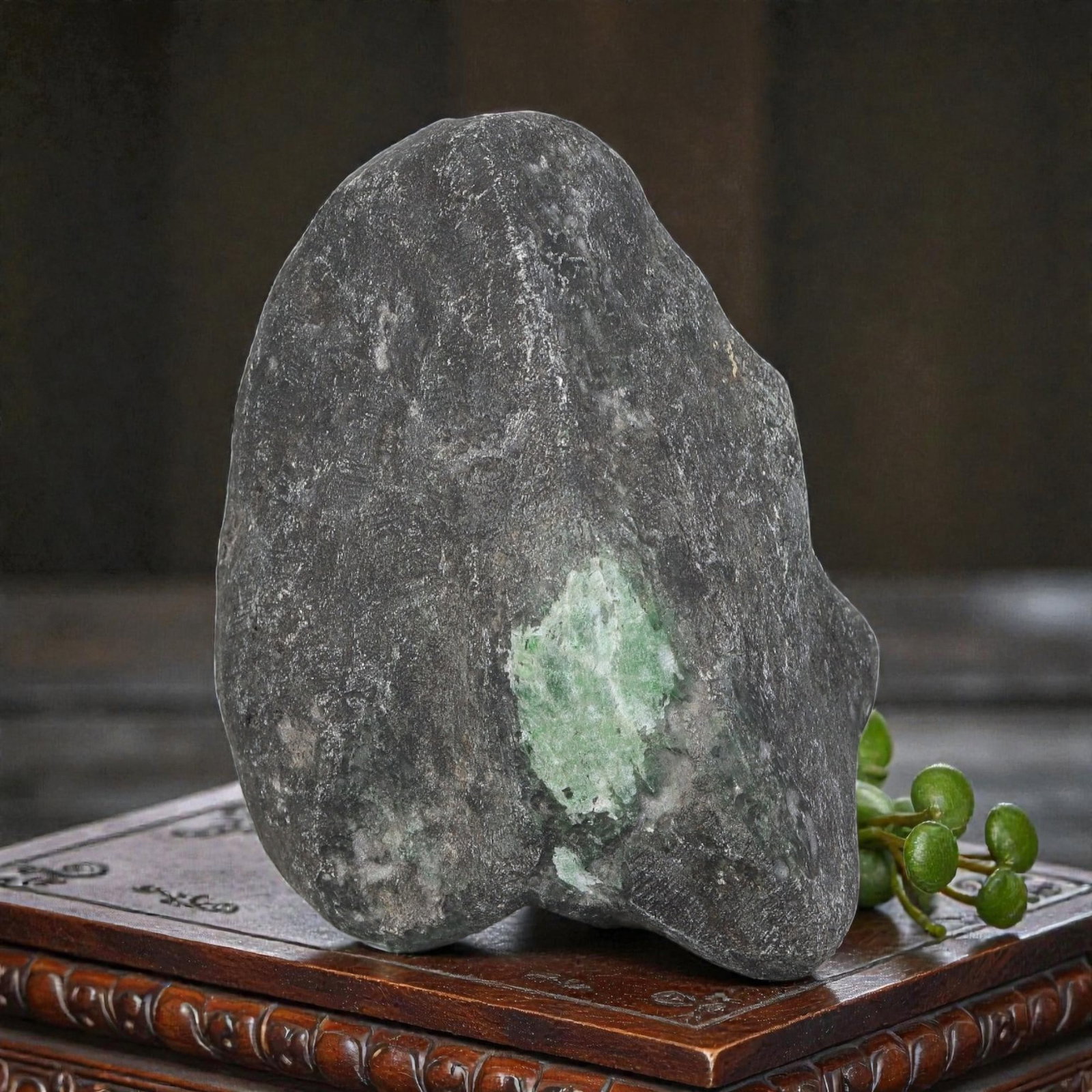 1390ct Natural Burmese Dark Skin Green Window Jadeite Rough Stone, 91EA: This is a natural Type A Burmese jadeite rough stone, measuring 8x5.5cm and weighing 278g (1390ct). It features a rugged dark grey mine skin with a natural window revealing vivid green jadeite within,