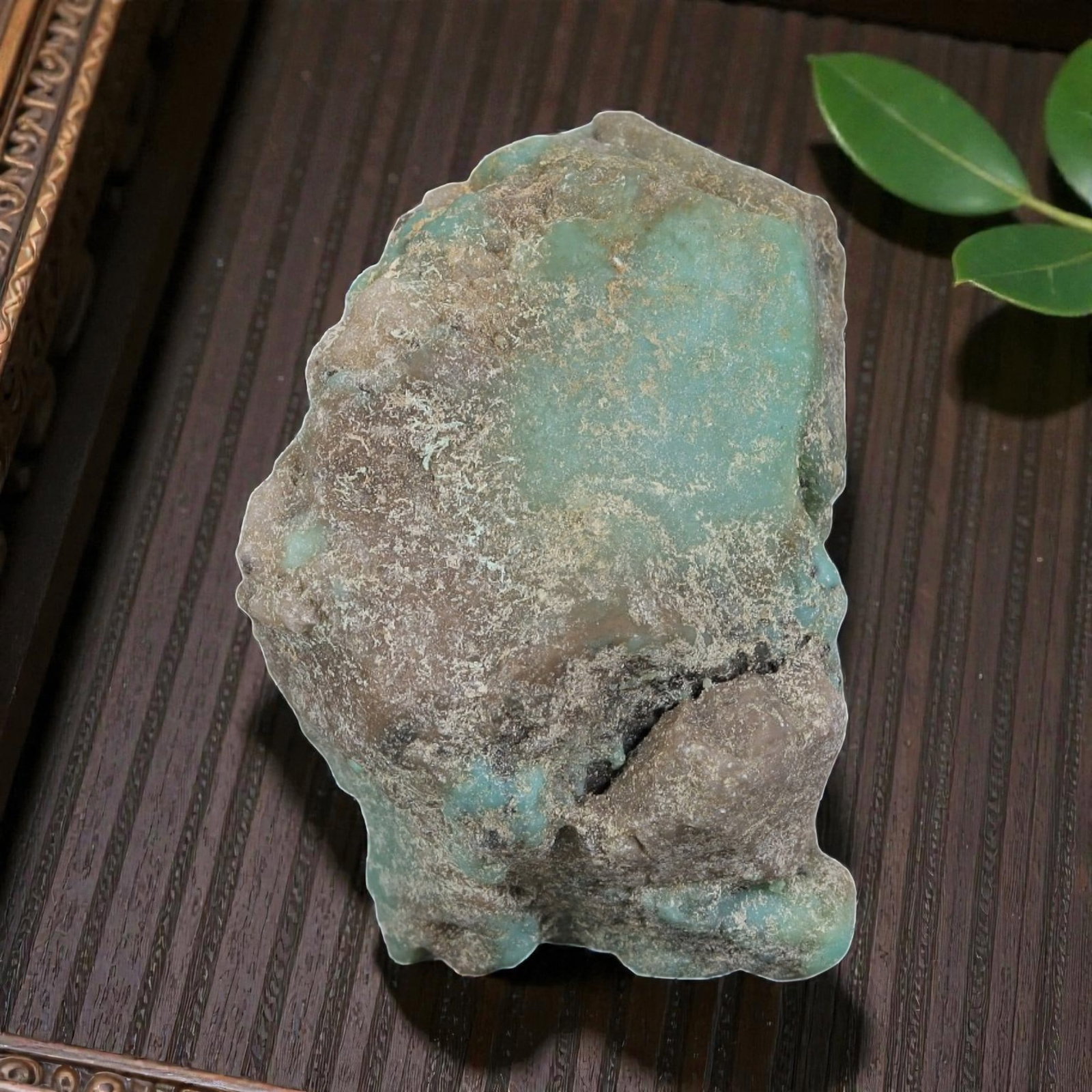 63ct Natural Kingman Turquoise Rough - Arizona USA, 47EB: This is a natural Kingman turquoise rough stone, measuring approximately 3.4x2.4cm with a total carat weight of 63ct. The stone features a beautiful light blue turquoise matrix, partially encased in i