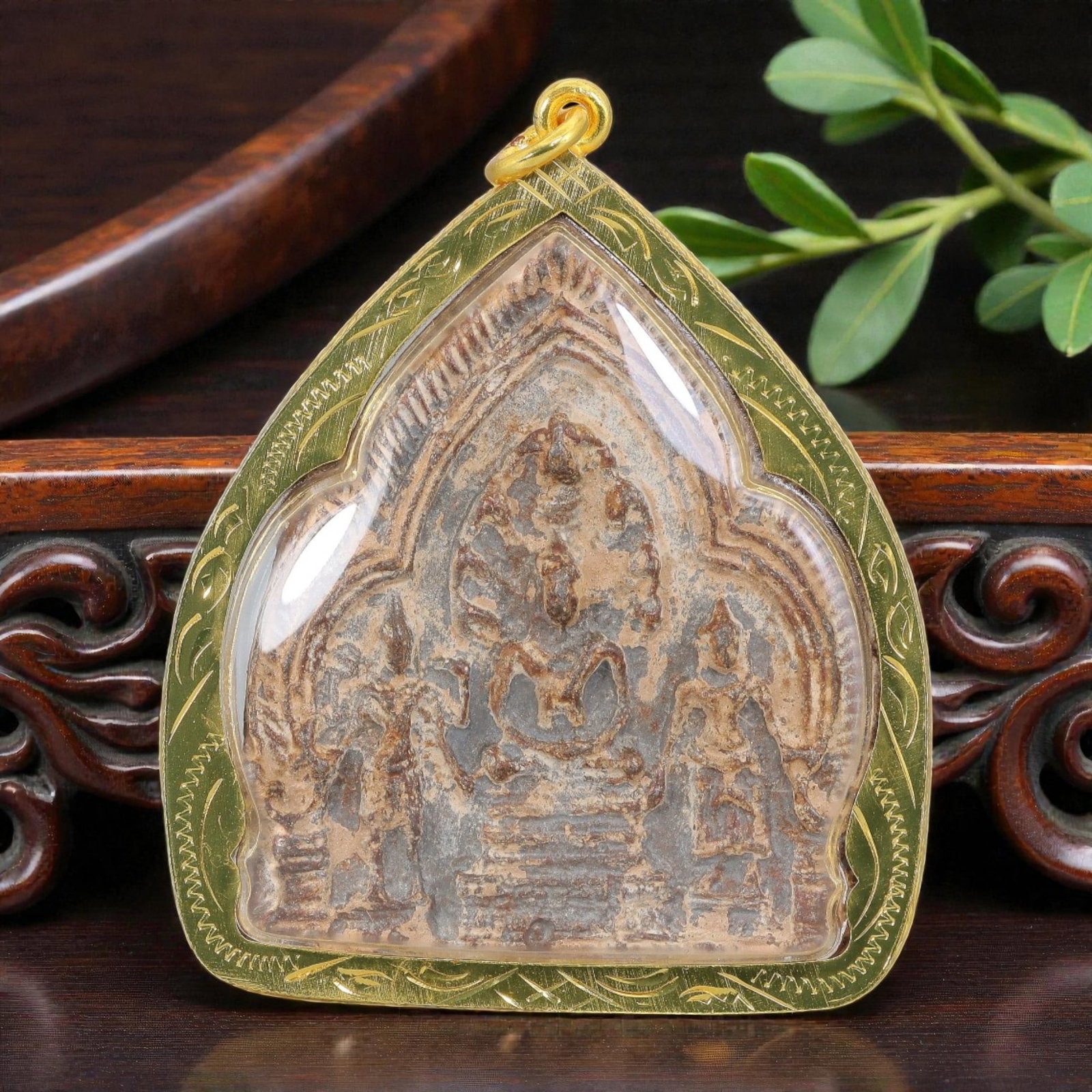 Thai Buddha Amulet - Multi-Figure Gold Tone Pendant, 44AP (1 of 2)