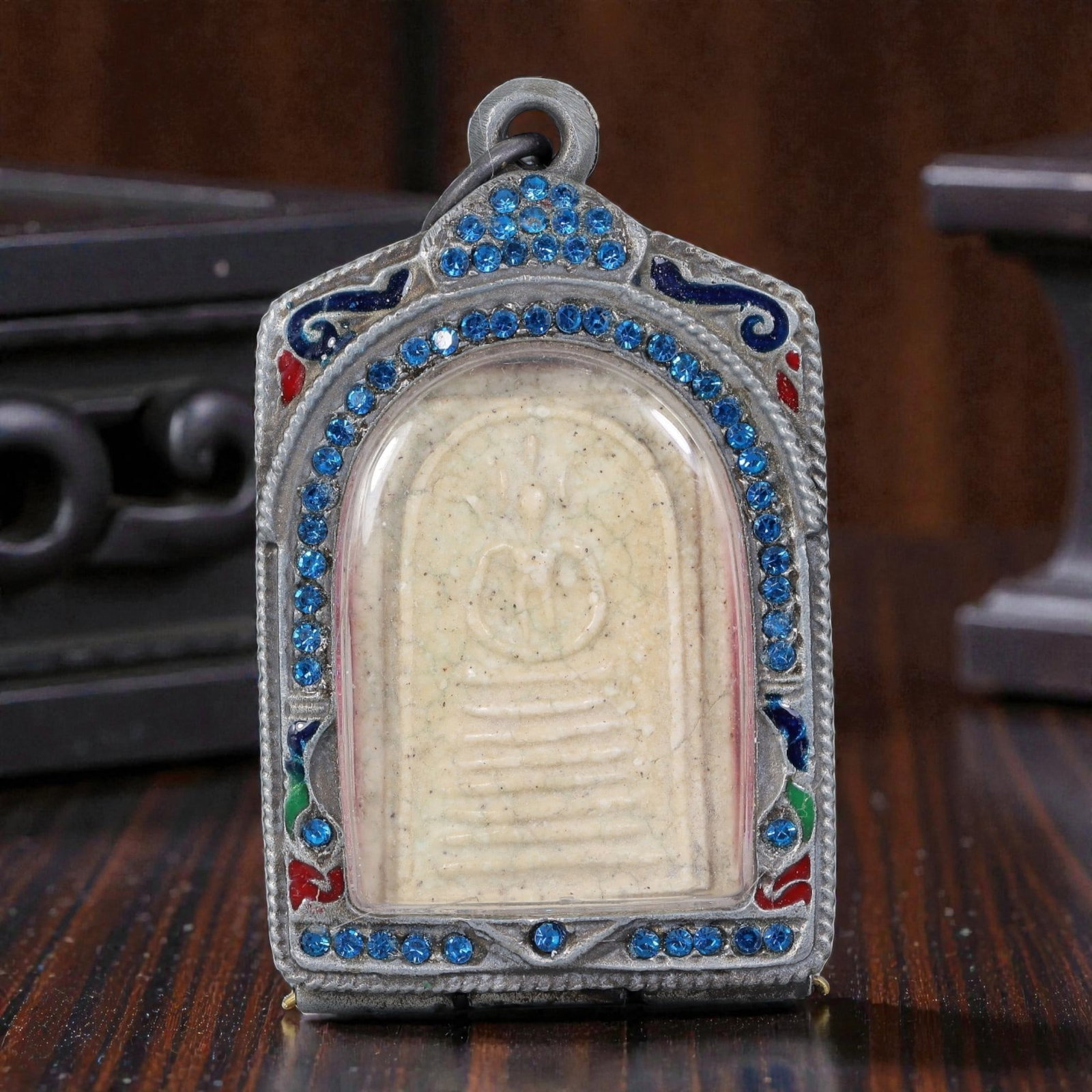Thai Buddha Amulet - Blue Crystal Enamel Silver Tone Pendant, 51AP (1 of 2)