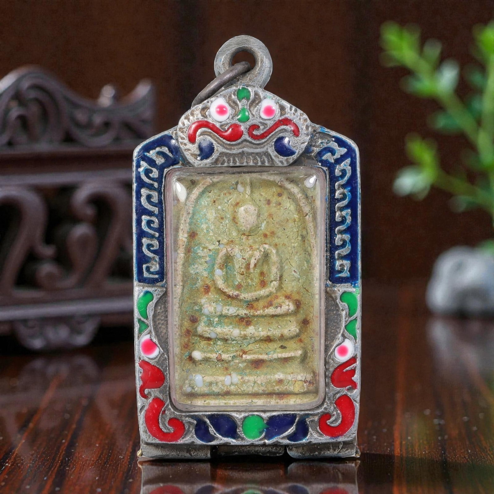 Thai Buddha Amulet - Enamel Silver Tone Pendant, 52AP (1 of 2)