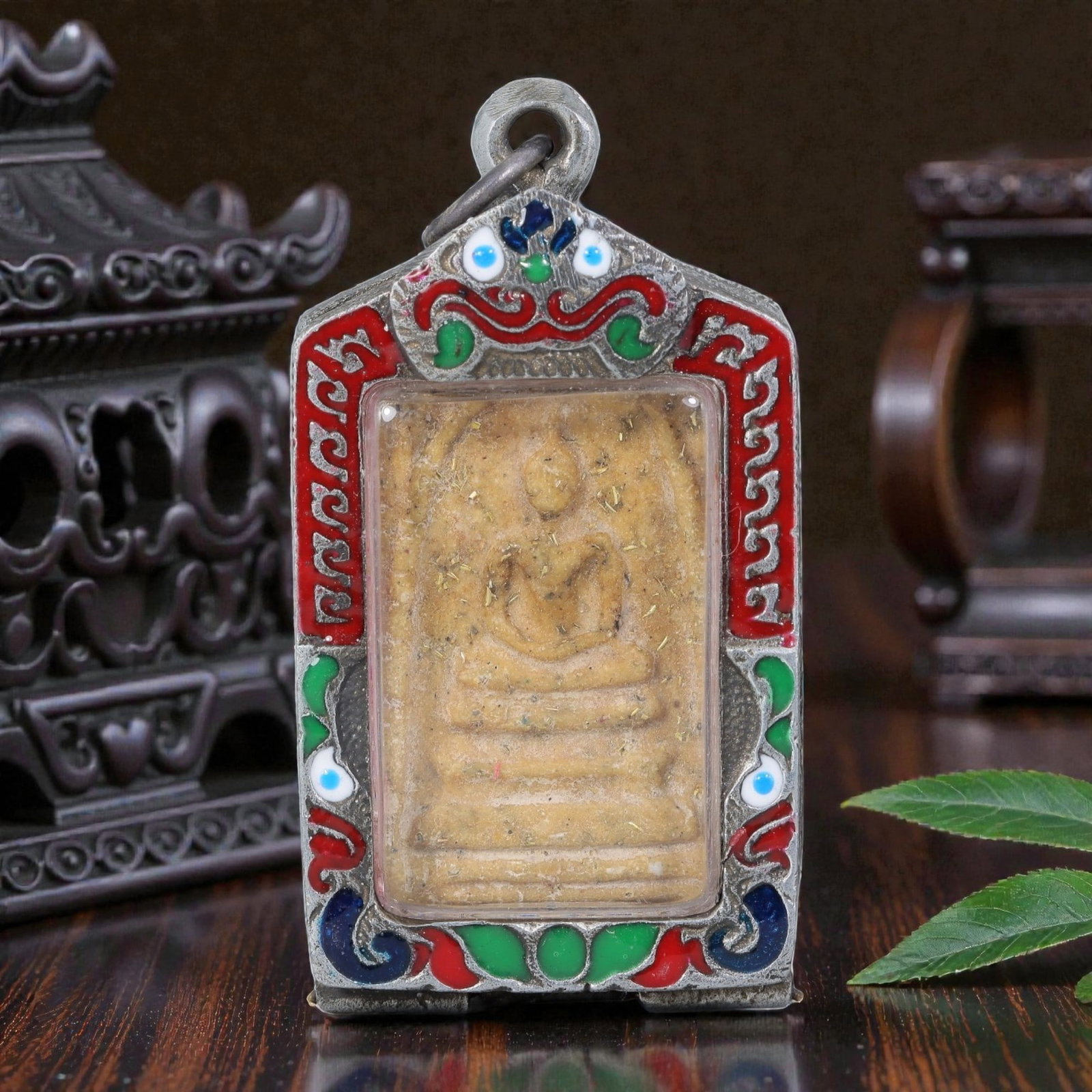 Thai Buddha Amulet - Enamel Silver Tone Pendant, 54AP (1 of 2)