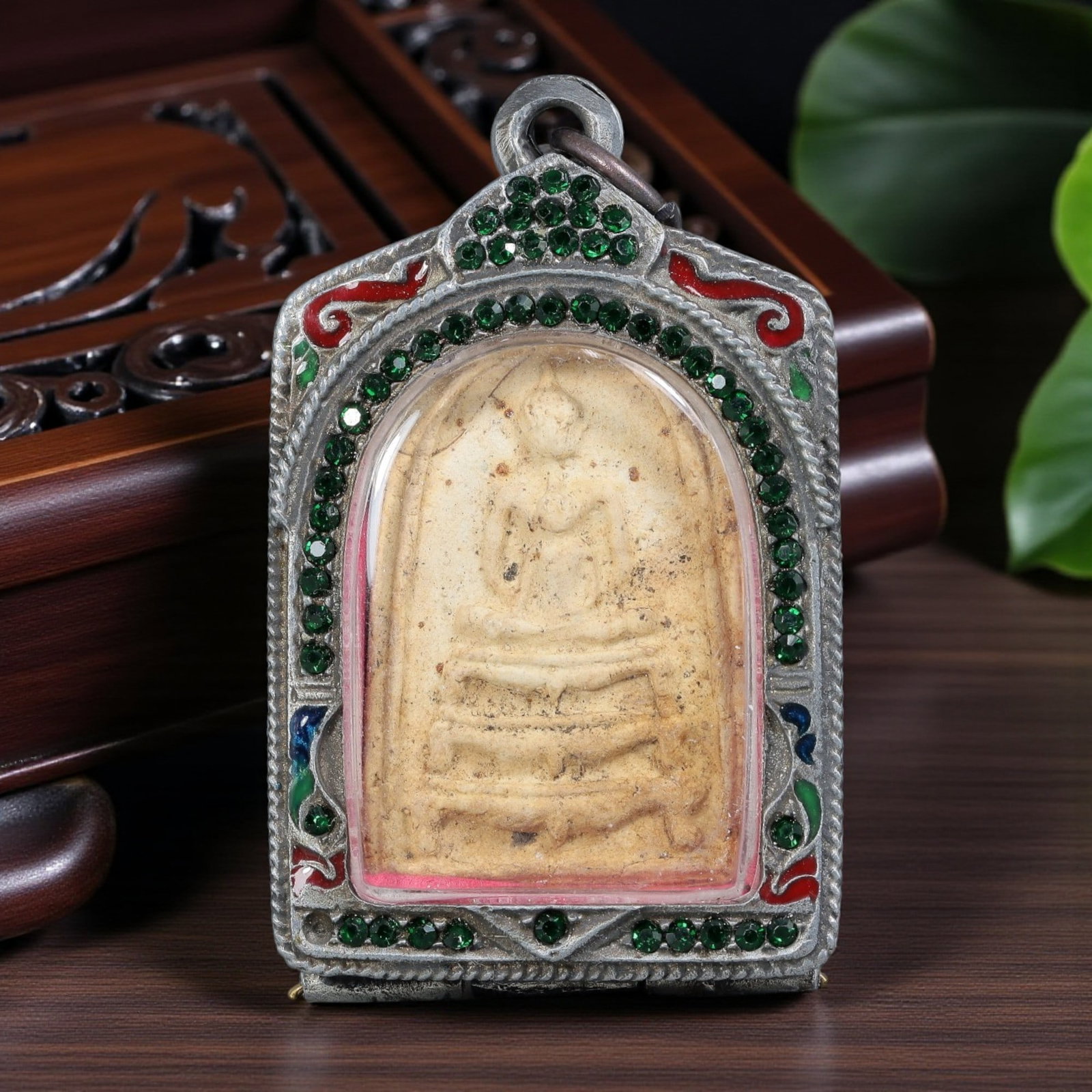 Thai Phra Somdej Amulet - Green Crystal Enamel Silver Tone Pendant, 55ZB (1 of 2)