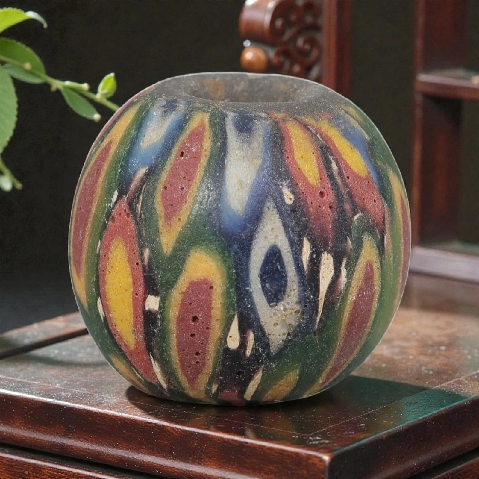 Antique Glass Bead - Islamic Jatim Multicolor Feather Mosaic, 60YH: A spherical glass bead of Islamic Jatim type, crafted from polychrome mosaic glass. The surface features dynamic, feather-like motifs with layered red, yellow, green, blue, and white elements, set aga