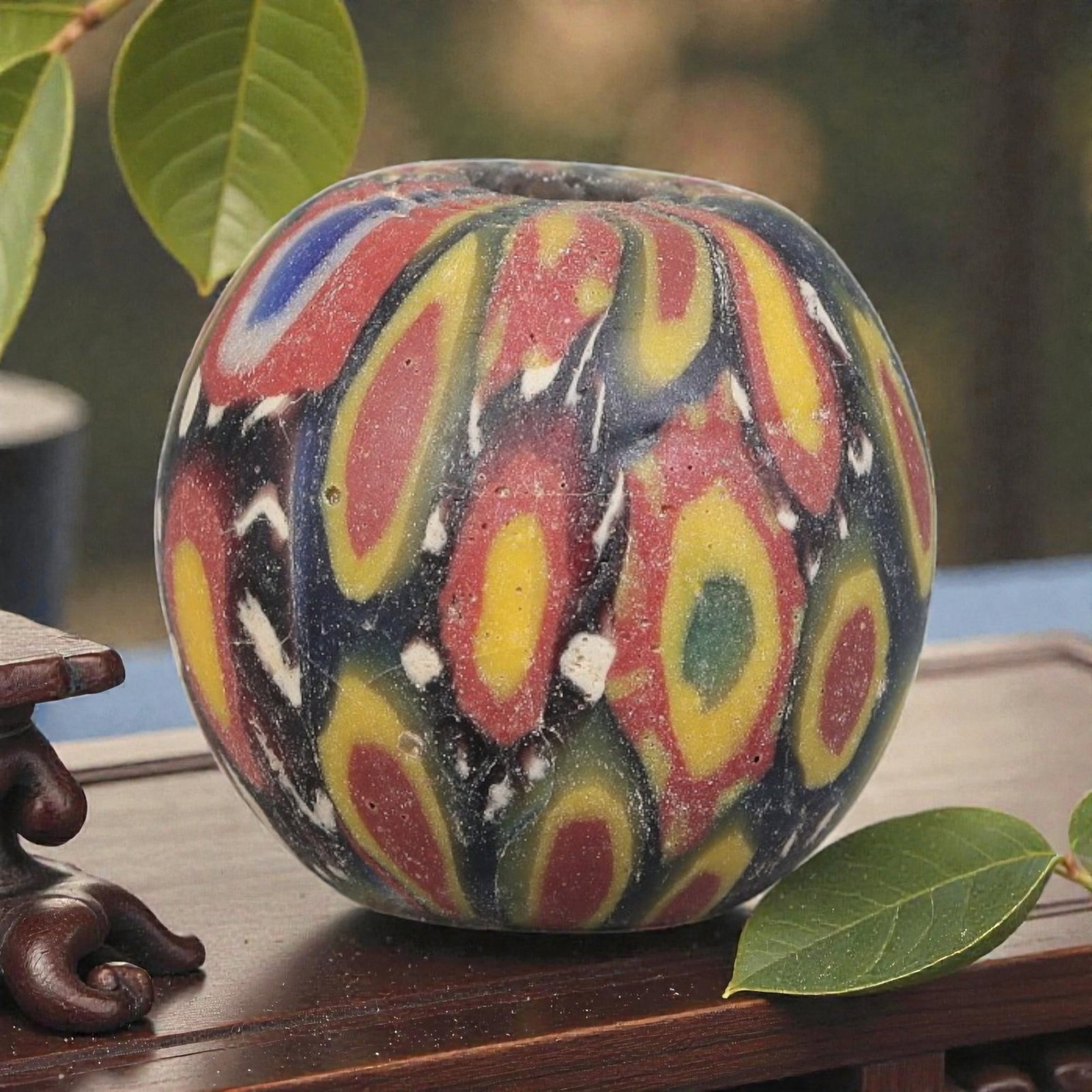 Antique Glass Bead - Islamic Jatim Multicolor Feather Mosaic, 47YH: A spherical glass bead of Islamic Jatim type, crafted from polychrome mosaic glass. The surface features dynamic, feather-like motifs with layered red, yellow, green, and blue elements, set against a 