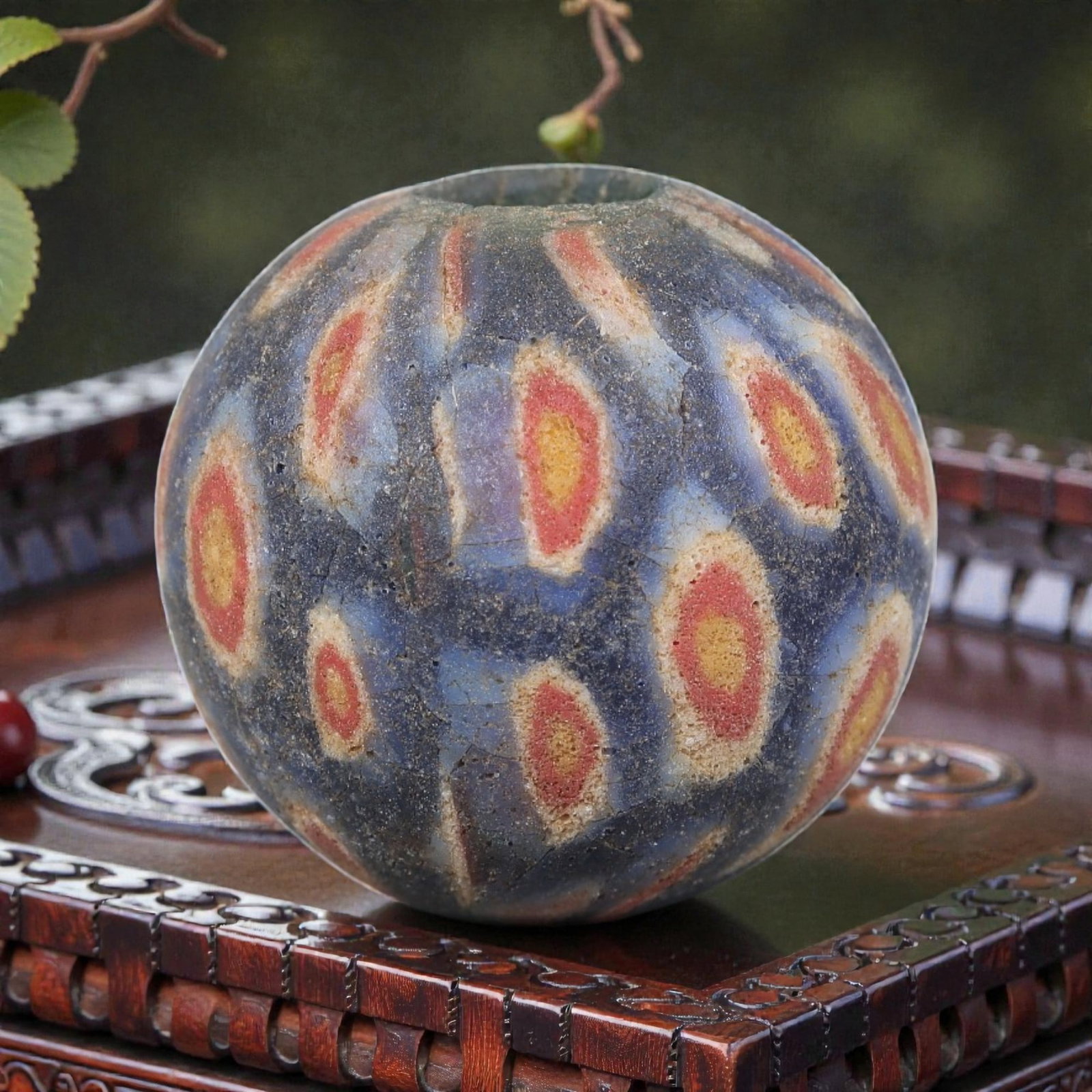 Antique Glass Bead - Islamic Jatim Red & Yellow Eye Mosaic, 65AP: A spherical glass bead of Islamic Jatim type, crafted from polychrome mosaic glass. The surface features repeating eye motifs with yellow centers and red borders, set against a deep blue ground, creat