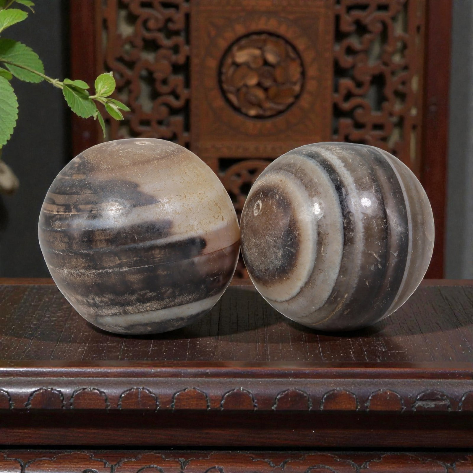 Antique Tibetan Agate Bead Pair - Banded Guru Dzi Beads, 59EB: These paired beads are crafted from natural banded agate, exhibiting distinct concentric striations and rich earthy tonal variations. The surfaces display fine cracking, natural patina, and smooth wea