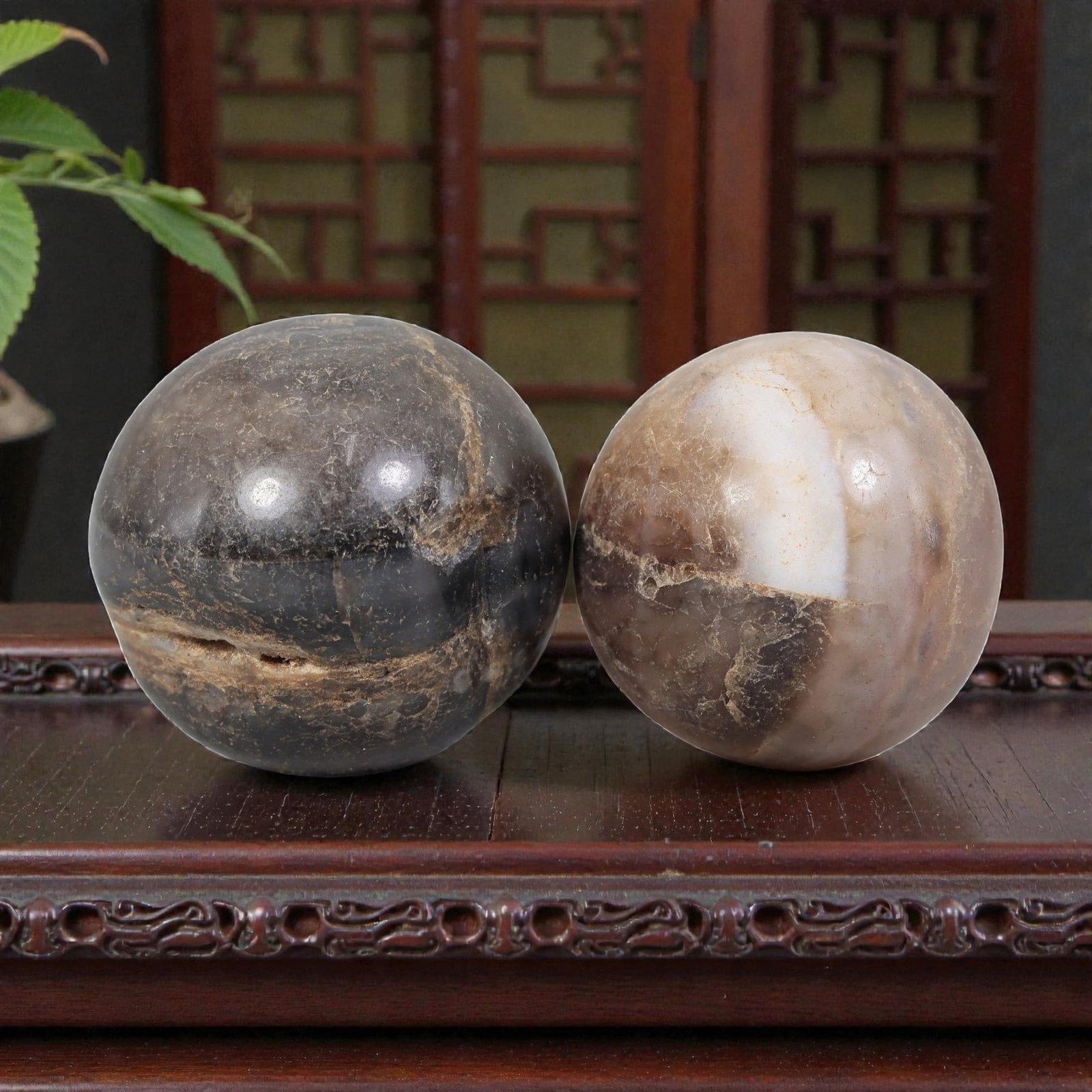 Antique Tibetan Agate Bead Pair - Banded Guru Dzi Beads, 63EB: These paired beads are crafted from natural banded agate, exhibiting rich earthy tones and visible natural inclusions. The surfaces show distinct signs of age, including patina, fine cracking, and sur