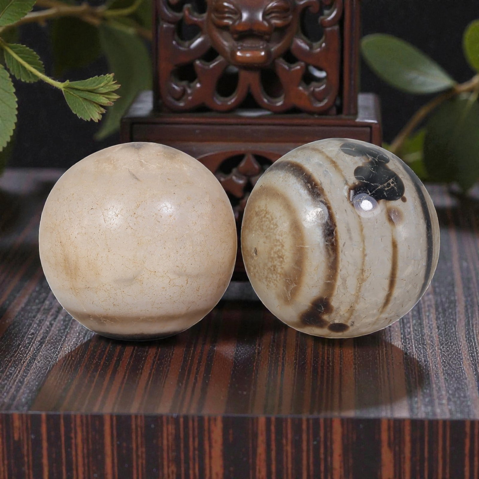 Antique Tibetan Agate Bead Pair - Banded Guru Dzi Beads, 65EB: These paired beads are crafted from natural banded agate, exhibiting distinct natural striations and age-related patina consistent with antique Tibetan dzi-style beads. The spherical forms display smo